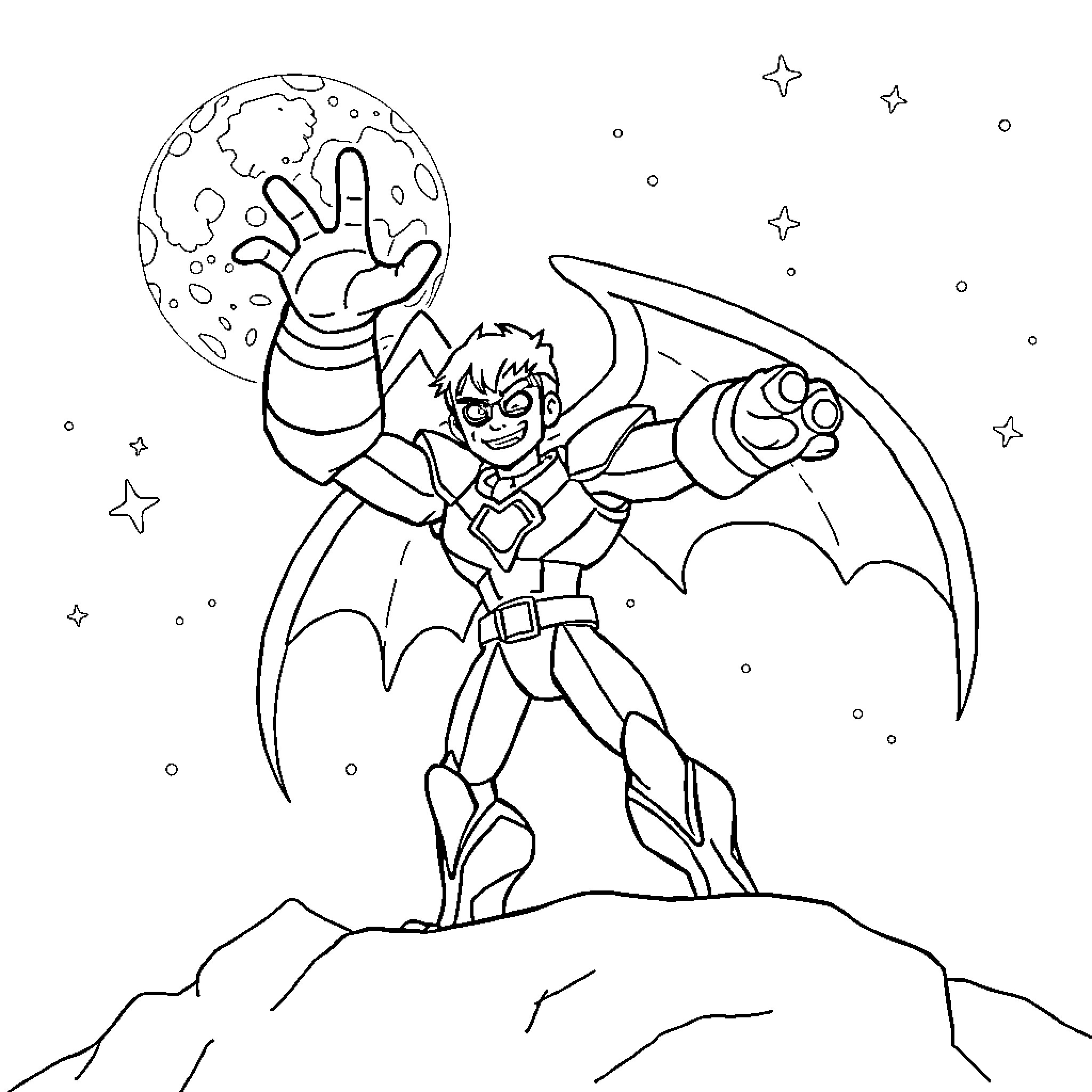 Ben 10 heroically fights against the moon Coloring Page (free black-and-white line drawing printable PDF for all, from beginners to advanced learners, including children, teens, adults, and seniors)