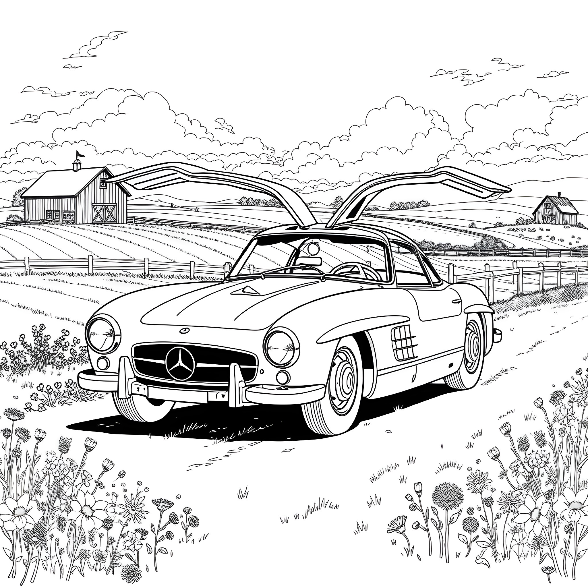 Mercedes-Benz Classic Car Exploring Rural Countryside Coloring Page (free black-and-white line drawing printable PDF for all, from beginners to advanced learners, including children, teens, adults, and seniors)