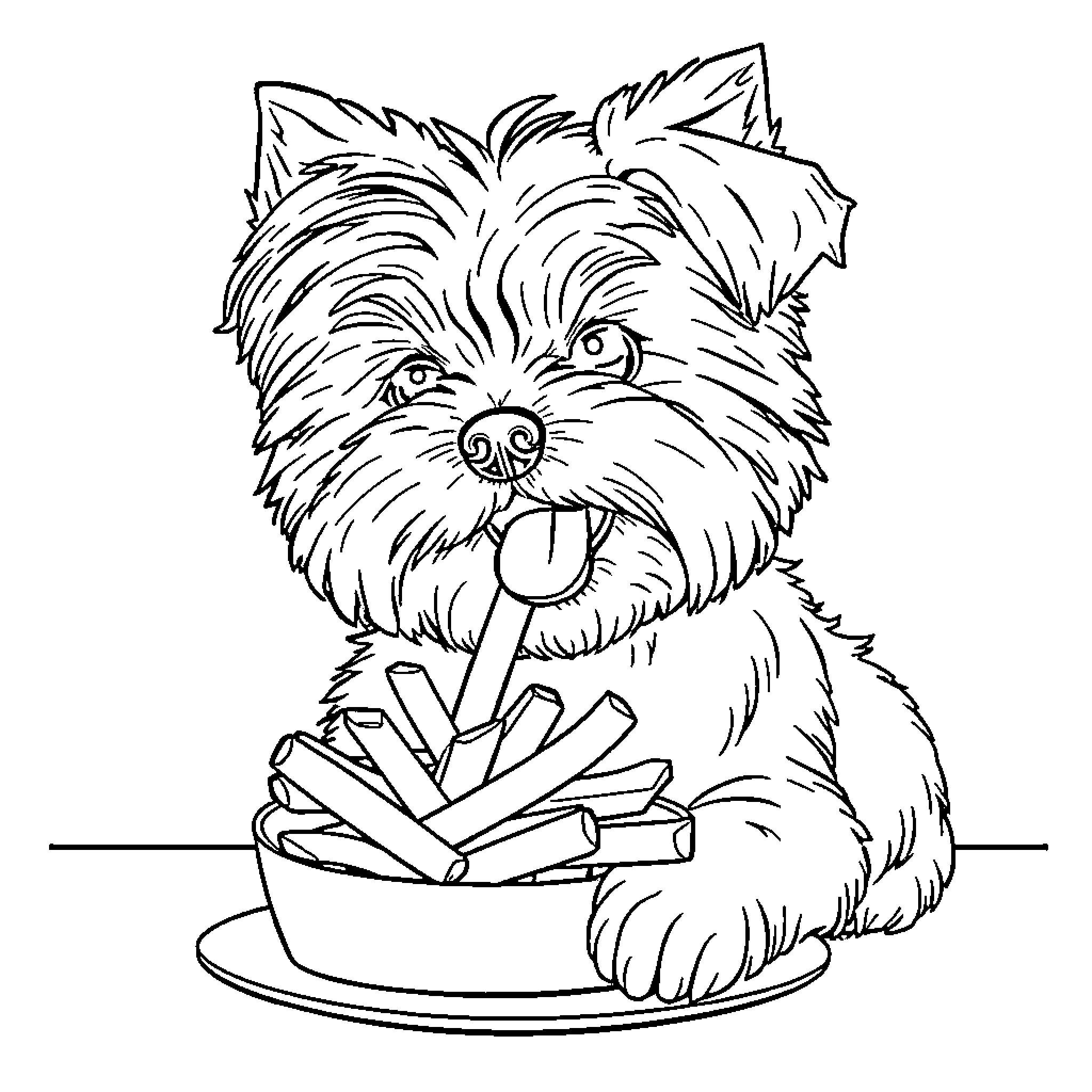 Maltese dog eating a tasty meal Coloring Page (free black-and-white line drawing printable PDF for all, from beginners to advanced learners, including children, teens, adults, and seniors)