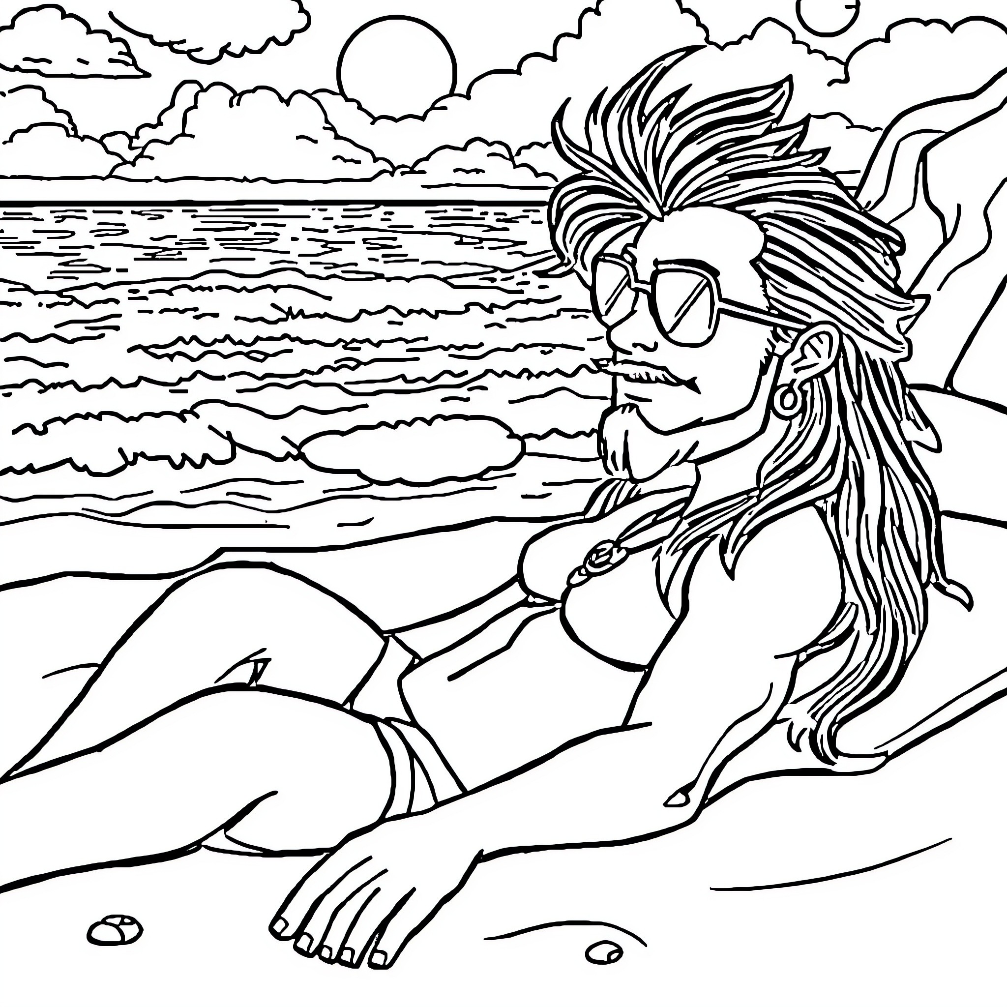 Dante relaxing by the beach during sunset Coloring Page (free black-and-white line drawing printable PDF for all, from beginners to advanced learners, including children, teens, adults, and seniors)