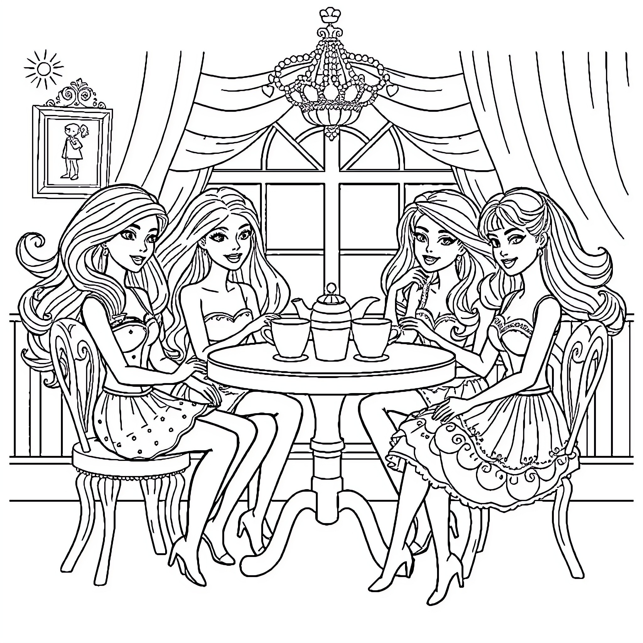 Barbie friends enjoying tea time in elegant setting Coloring Page (free black-and-white line drawing printable PDF for all, from beginners to advanced learners, including children, teens, adults, and seniors)
