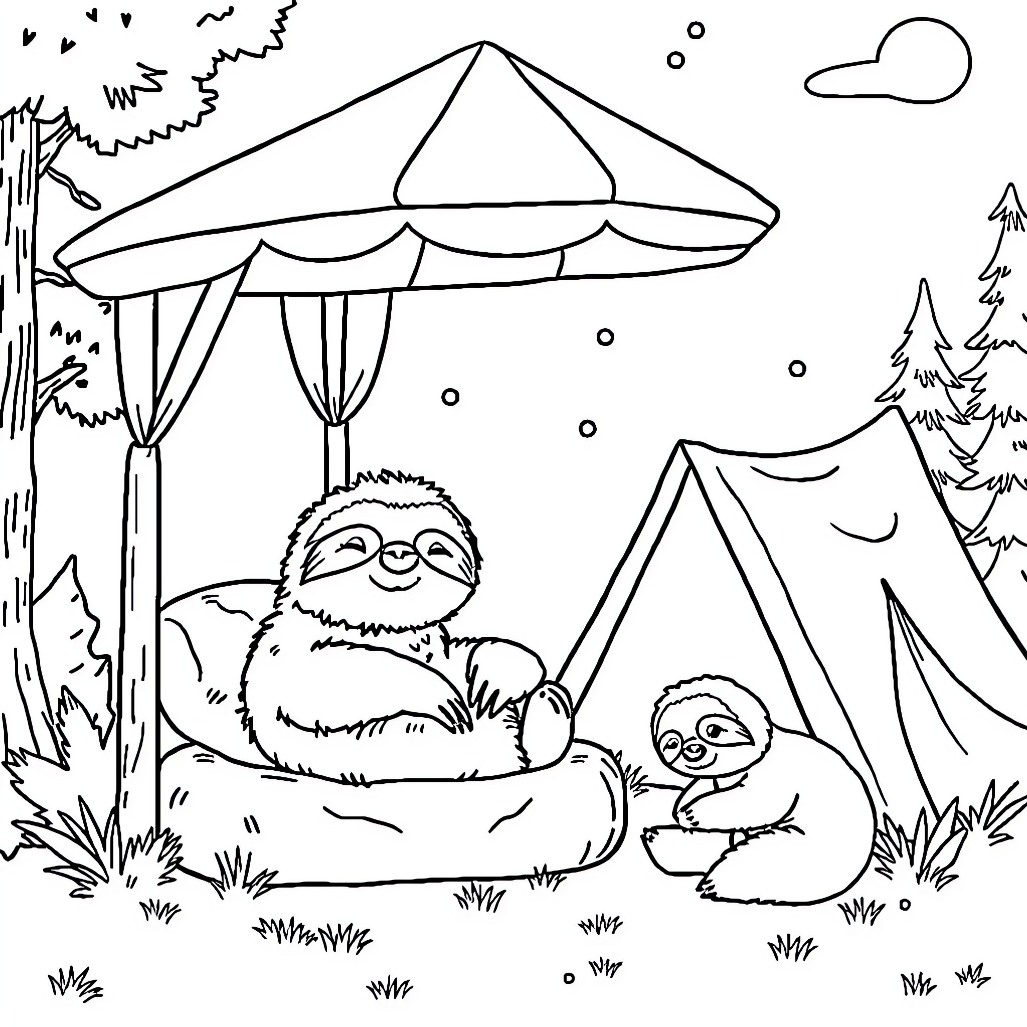 Sloth relaxing with baby sloth under camping tent Coloring Page (free black-and-white line drawing printable PDF for all, from beginners to advanced learners, including children, teens, adults, and seniors)