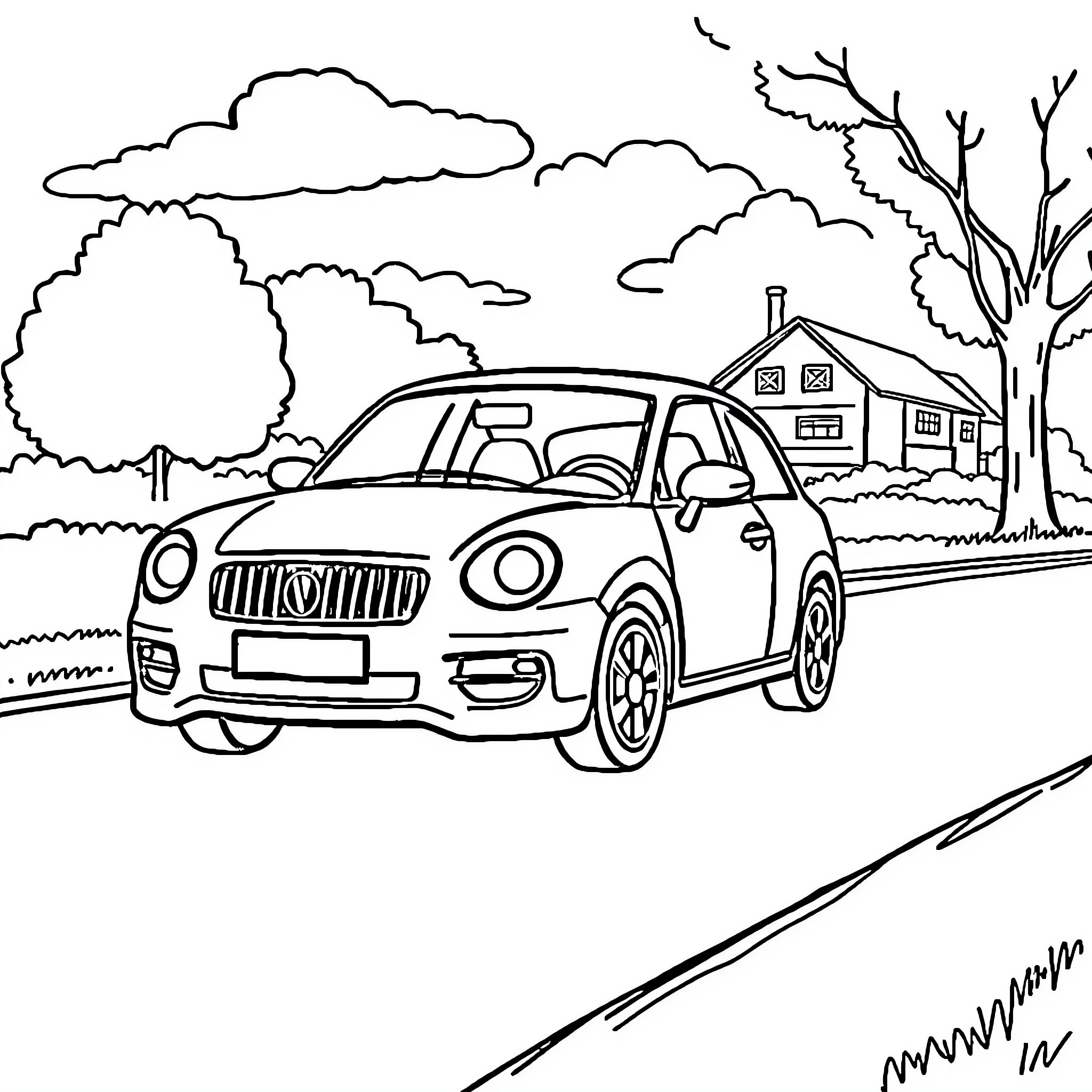 Bingo! Car traveling on a country road Coloring Page (free black-and-white line drawing printable PDF for all, from beginners to advanced learners, including children, teens, adults, and seniors)