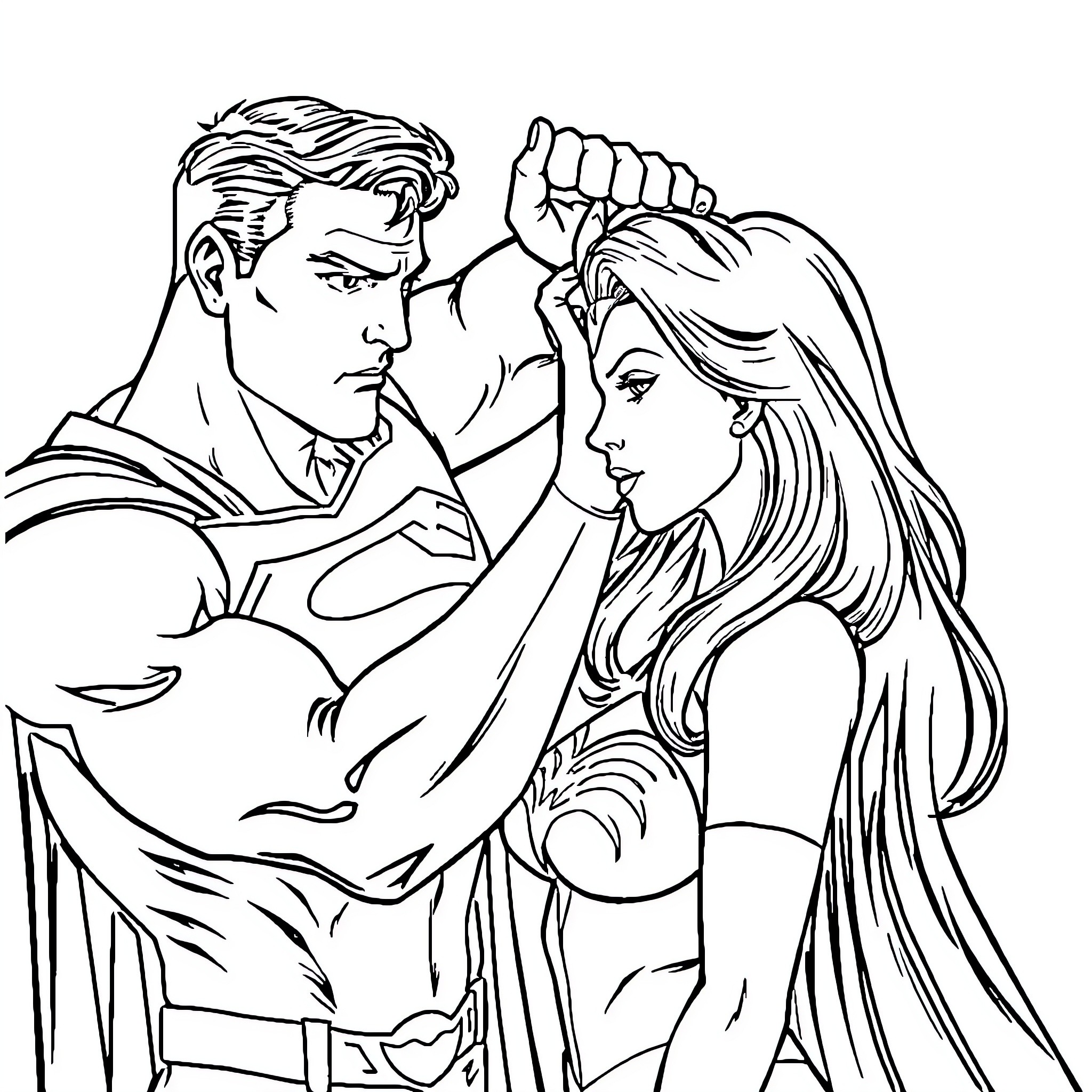 Superman and female superhero in dramatic embrace Coloring Page (free black-and-white line drawing printable PDF for all, from beginners to advanced learners, including children, teens, adults, and seniors)