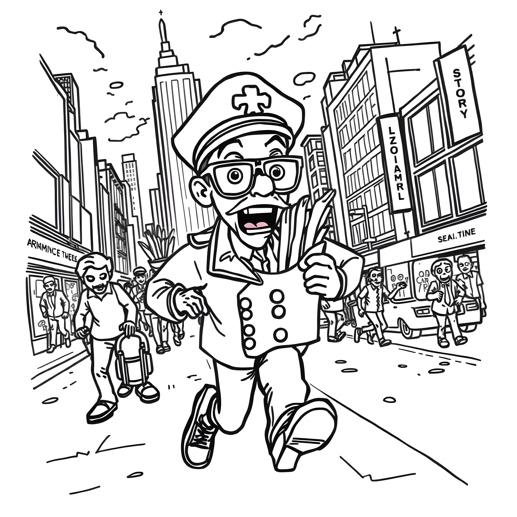 Sea Captain Exploring the Bustling City Streets Coloring Page (free black-and-white line drawing printable PDF for all, from beginners to advanced learners, including children, teens, adults, and seniors)