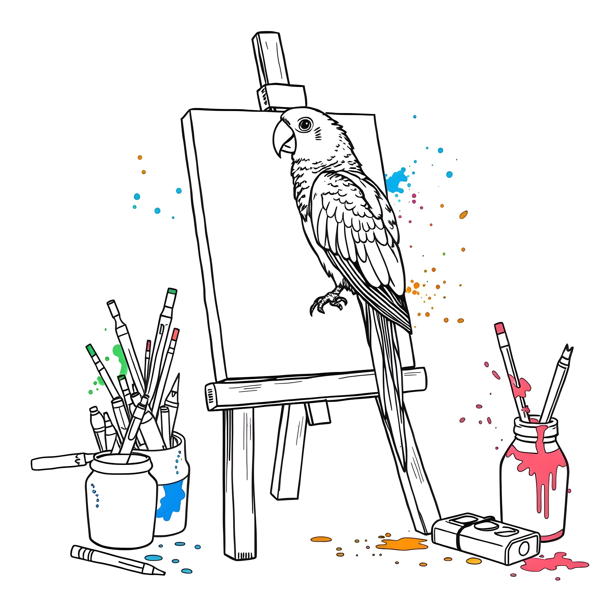 Parrot posing on an art easel Coloring Page (free black-and-white line drawing printable PDF for all, from beginners to advanced learners, including children, teens, adults, and seniors)