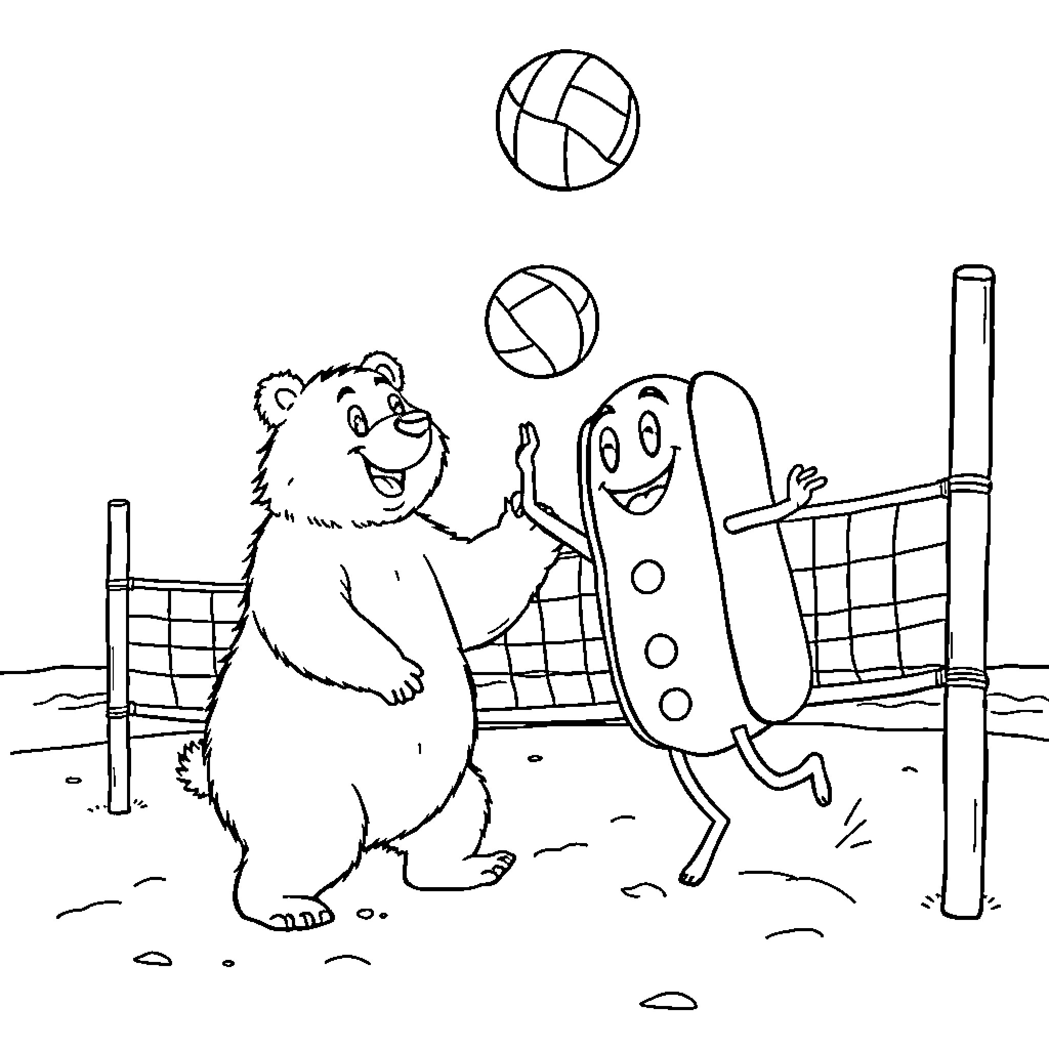 Corndog playing volleyball with cheerful bear Coloring Page (free black-and-white line drawing printable PDF for all, from beginners to advanced learners, including children, teens, adults, and seniors)