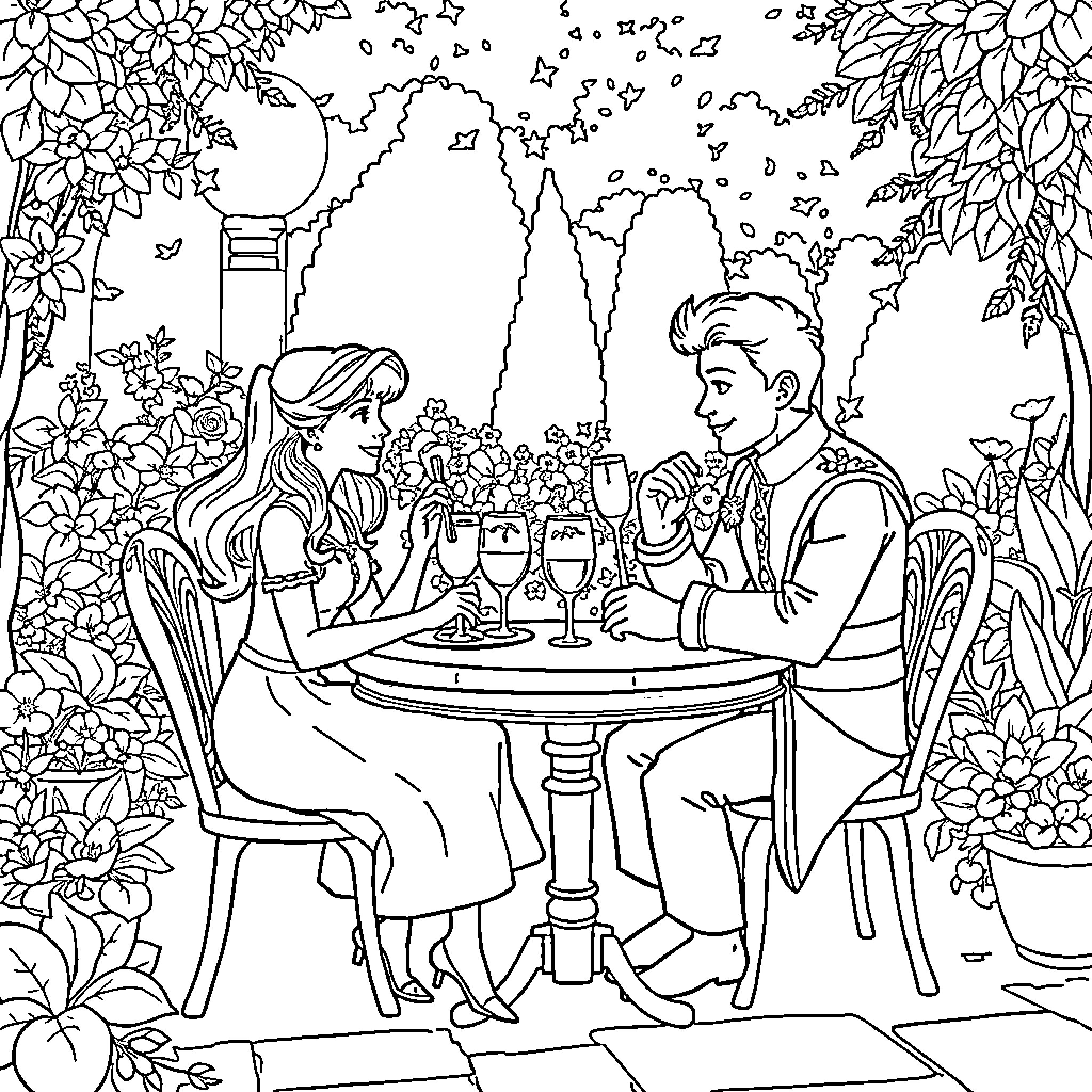 Raiponce having a romantic dinner date in a garden Coloring Page (free black-and-white line drawing printable PDF for all, from beginners to advanced learners, including children, teens, adults, and seniors)