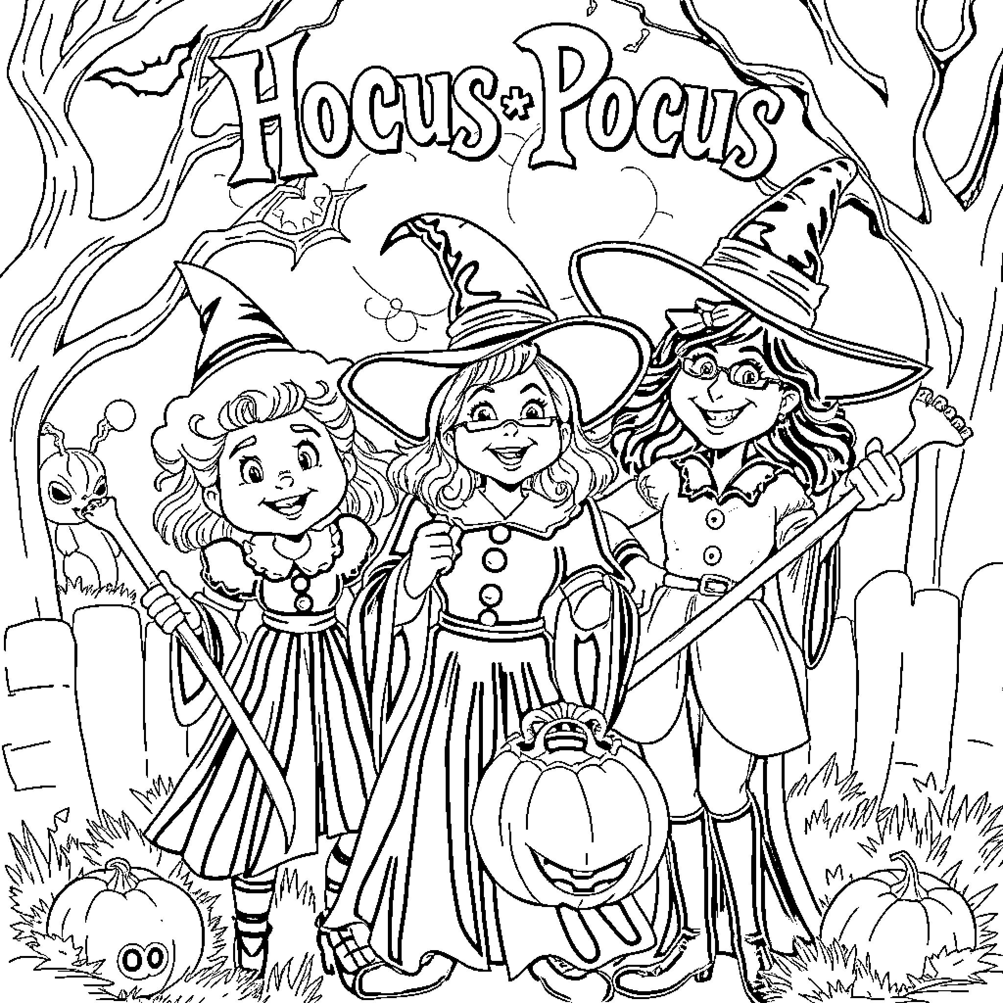 Hocus Pocus Trio Celebrating Halloween Coloring Page (free black-and-white line drawing printable PDF for all, from beginners to advanced learners, including children, teens, adults, and seniors)