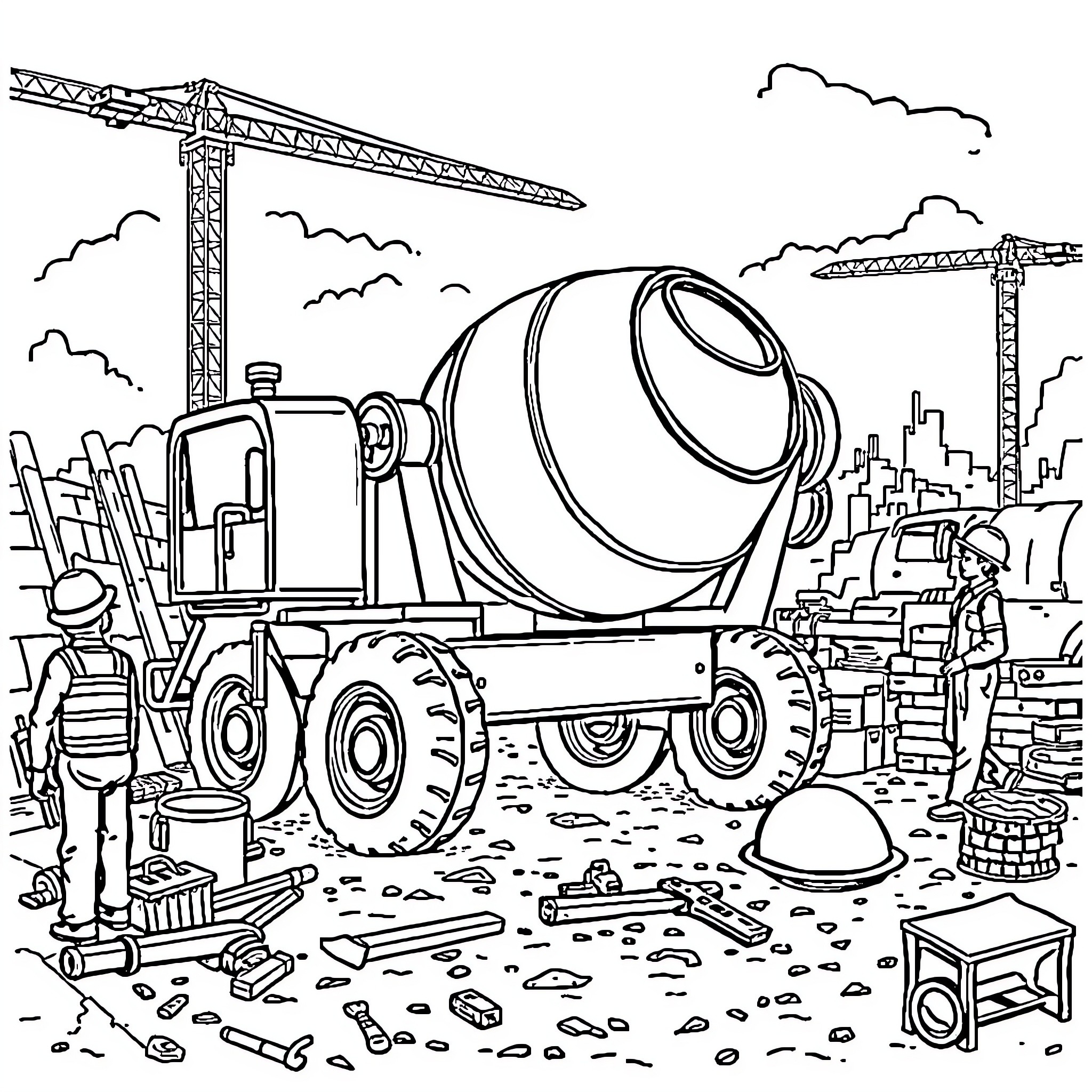 Cement Mixer at Construction Site with Workers Coloring Page (free black-and-white line drawing printable PDF for all, from beginners to advanced learners, including children, teens, adults, and seniors)