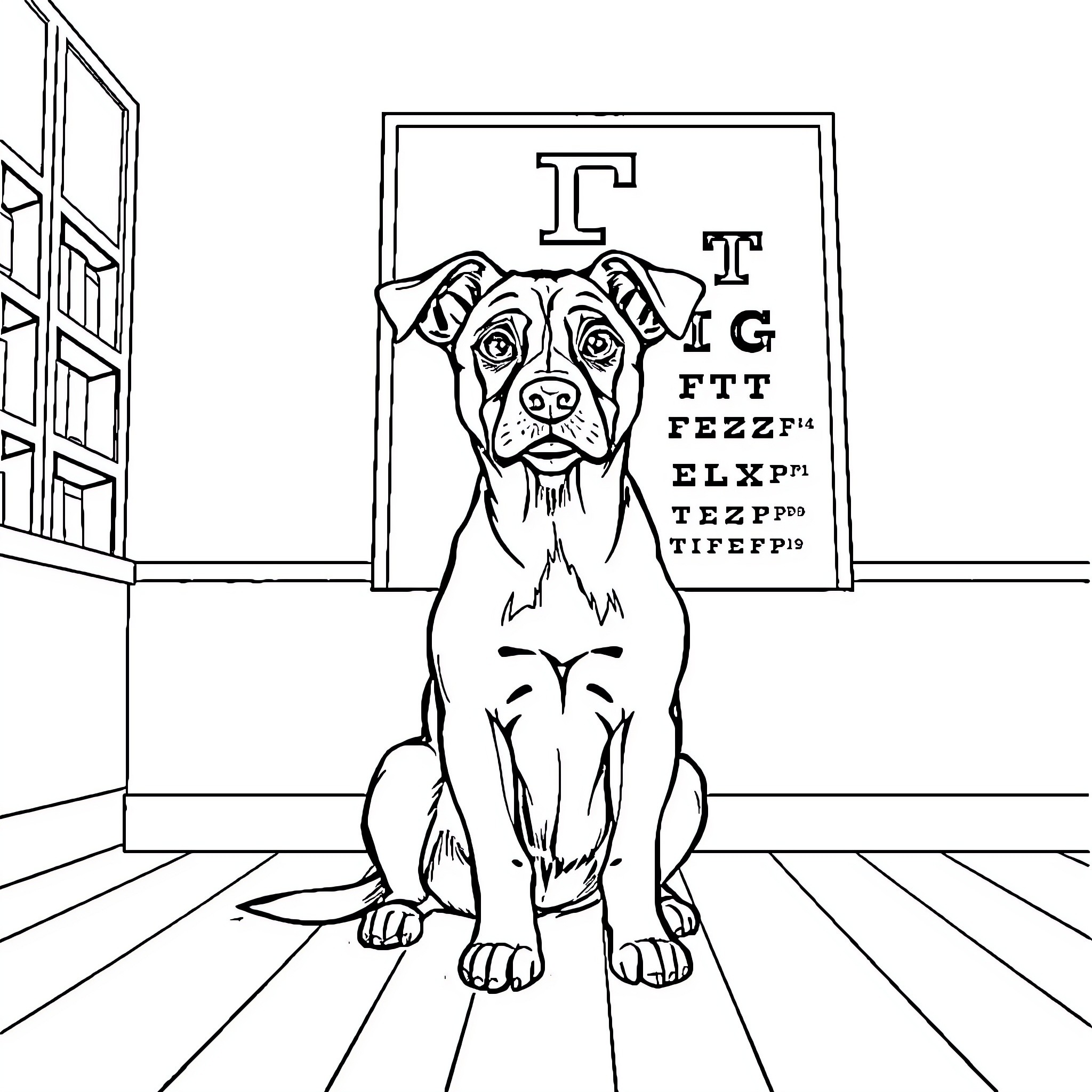 Dog sitting in front of eye test chart Coloring Page (free black-and-white line drawing printable PDF for all, from beginners to advanced learners, including children, teens, adults, and seniors)