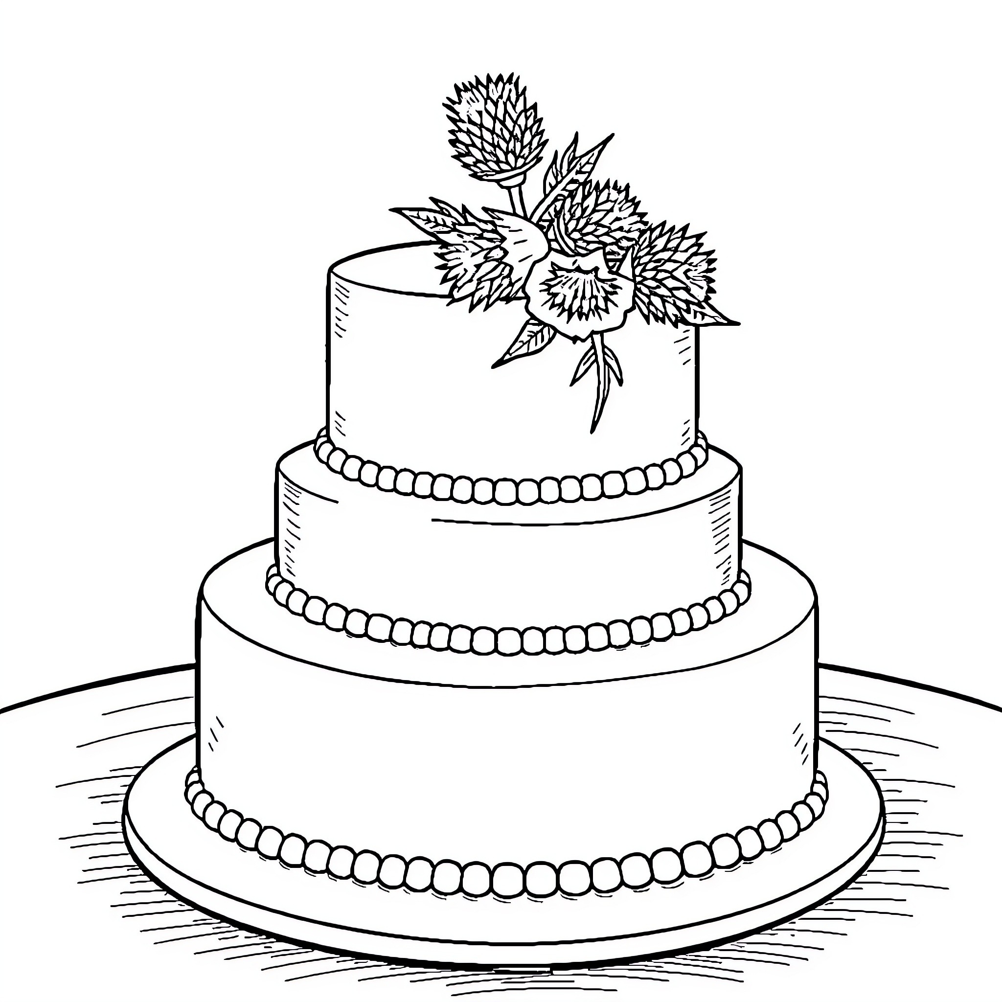 Cake with elegant floral decorations Coloring Page (free black-and-white line drawing printable PDF for all, from beginners to advanced learners, including children, teens, adults, and seniors)