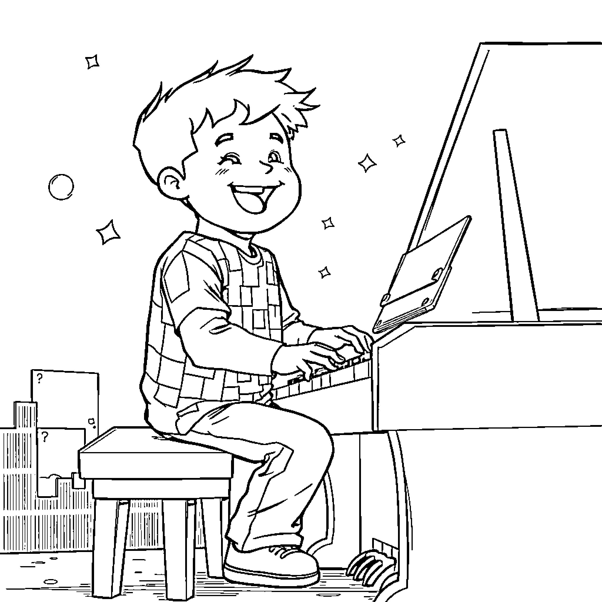 Boy happily using computer in room Coloring Page (free black-and-white line drawing printable PDF for all, from beginners to advanced learners, including children, teens, adults, and seniors)
