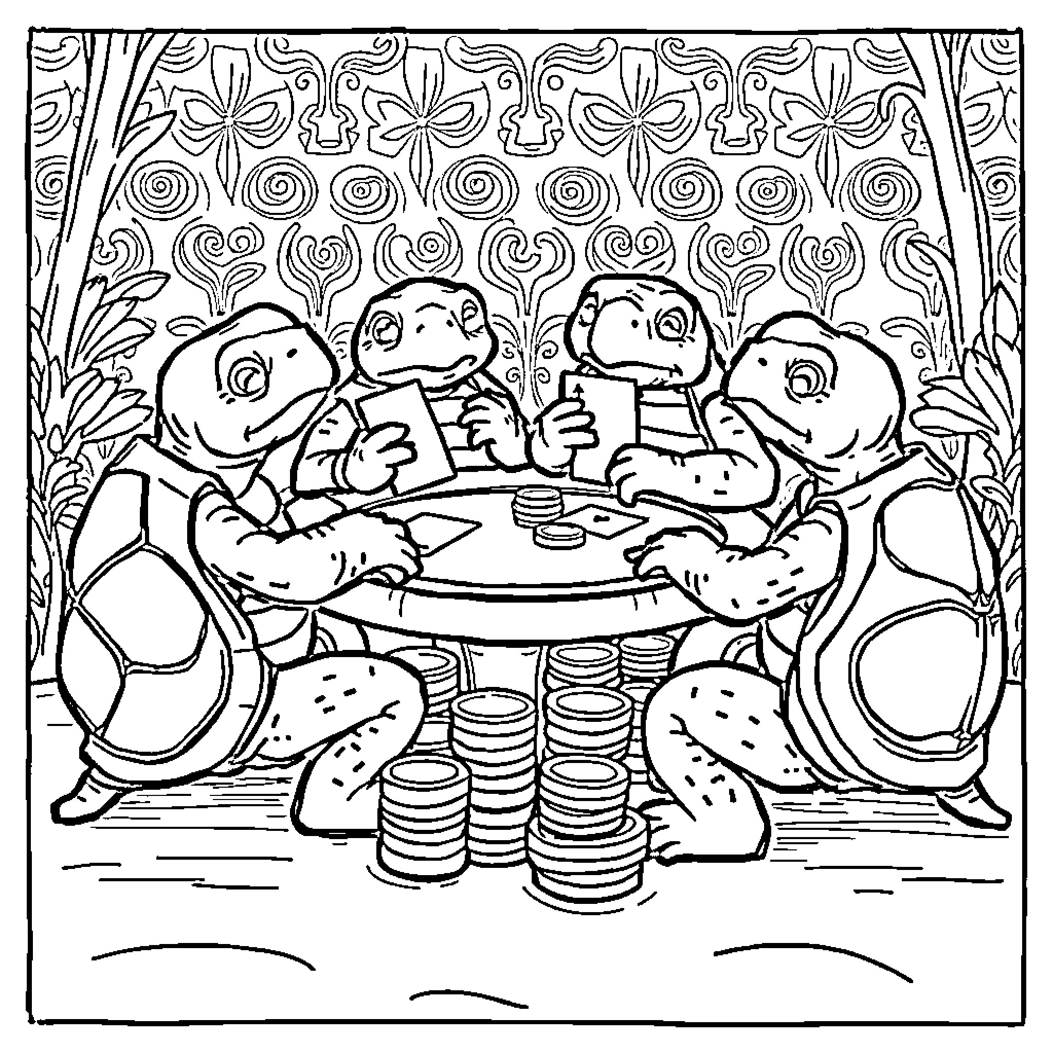 Turtle friends enjoying a meal together Coloring Page (free black-and-white line drawing printable PDF for all, from beginners to advanced learners, including children, teens, adults, and seniors)