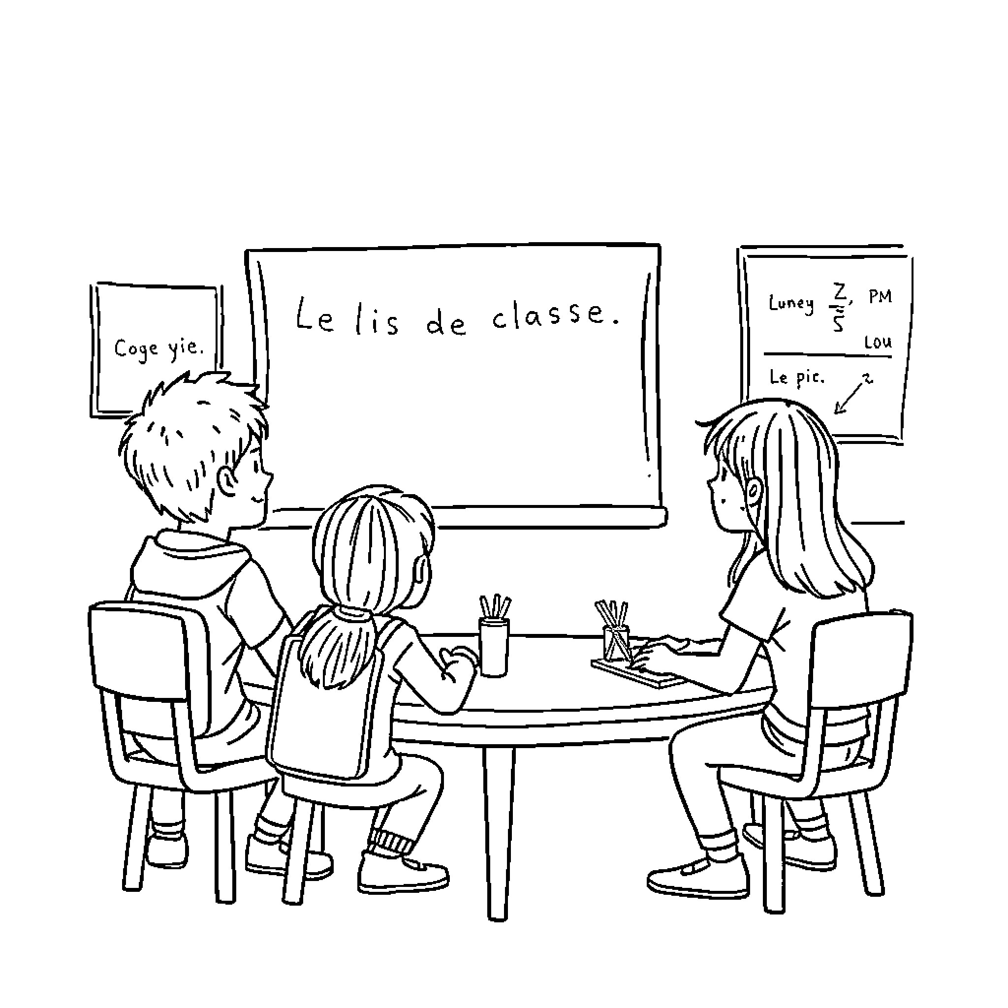 School Rules: Students Engaged in Classroom Activities Coloring Page (free black-and-white line drawing printable PDF for all, from beginners to advanced learners, including children, teens, adults, and seniors)