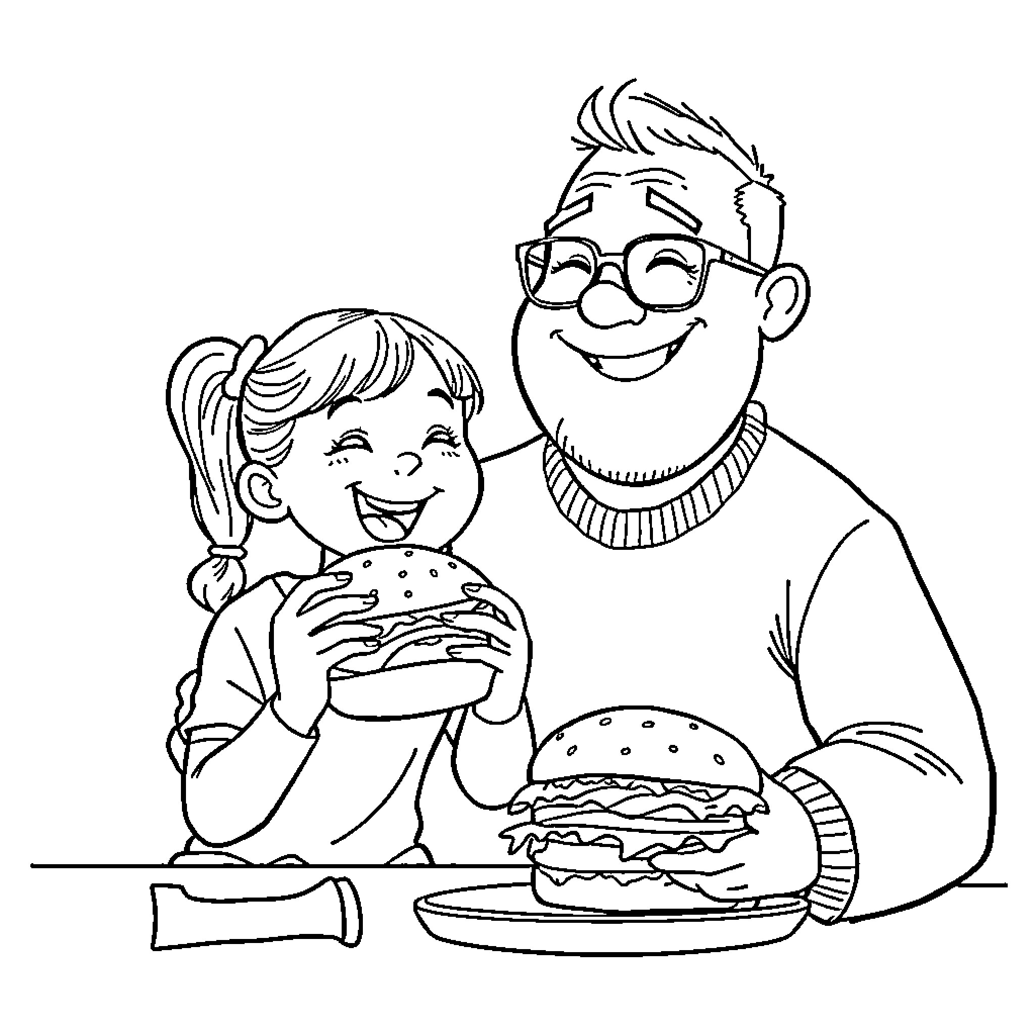 Dad and daughter enjoying burgers happily Coloring Page (free black-and-white line drawing printable PDF for all, from beginners to advanced learners, including children, teens, adults, and seniors)
