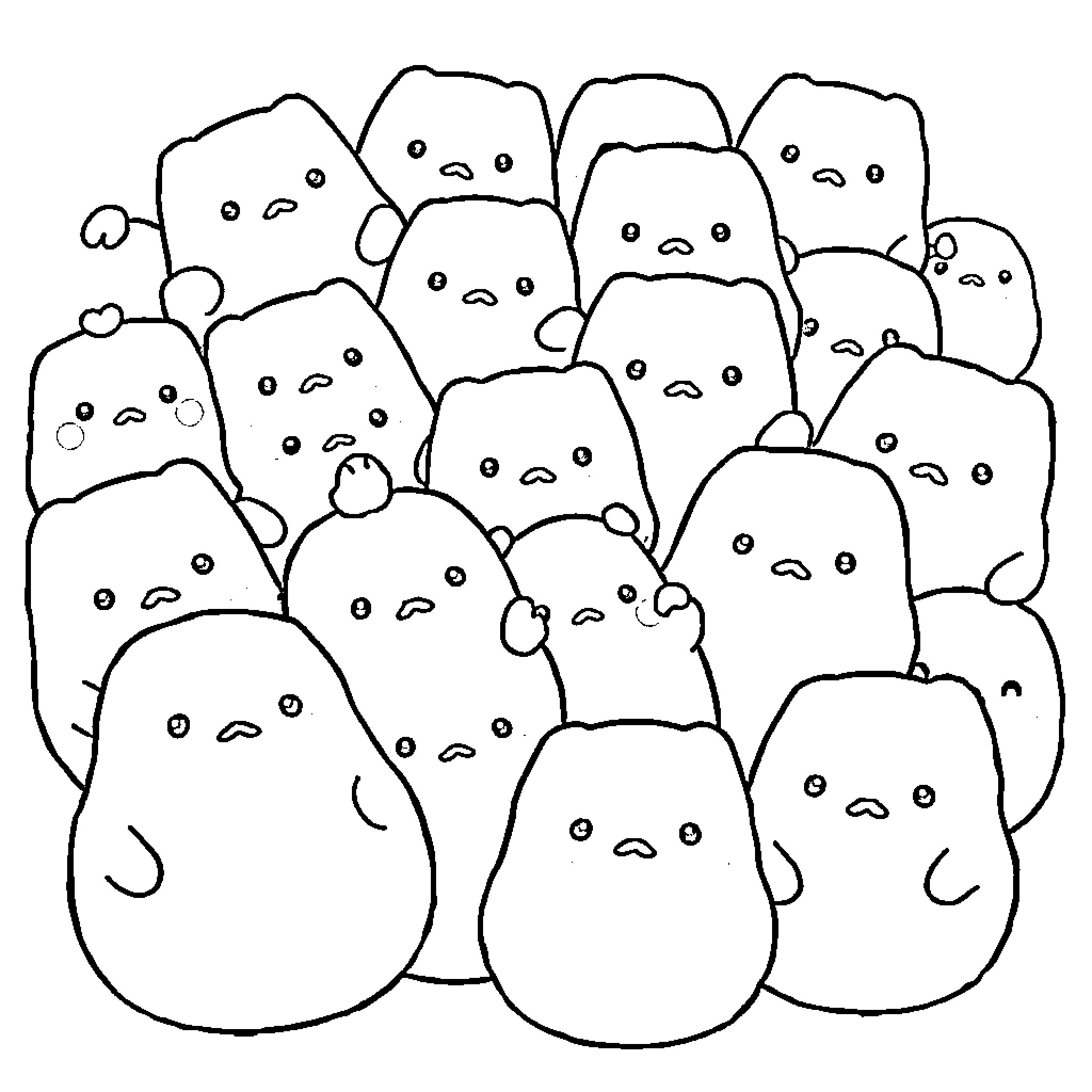 Squishmallow characters in a group Coloring Page (free black-and-white line drawing printable PDF for all, from beginners to advanced learners, including children, teens, adults, and seniors)
