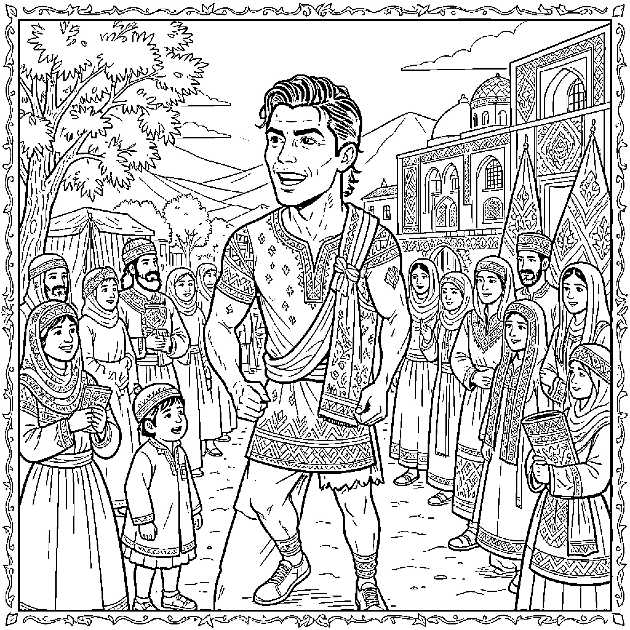 Ronaldo walking through a traditional village crowd Coloring Page (free black-and-white line drawing printable PDF for all, from beginners to advanced learners, including children, teens, adults, and seniors)