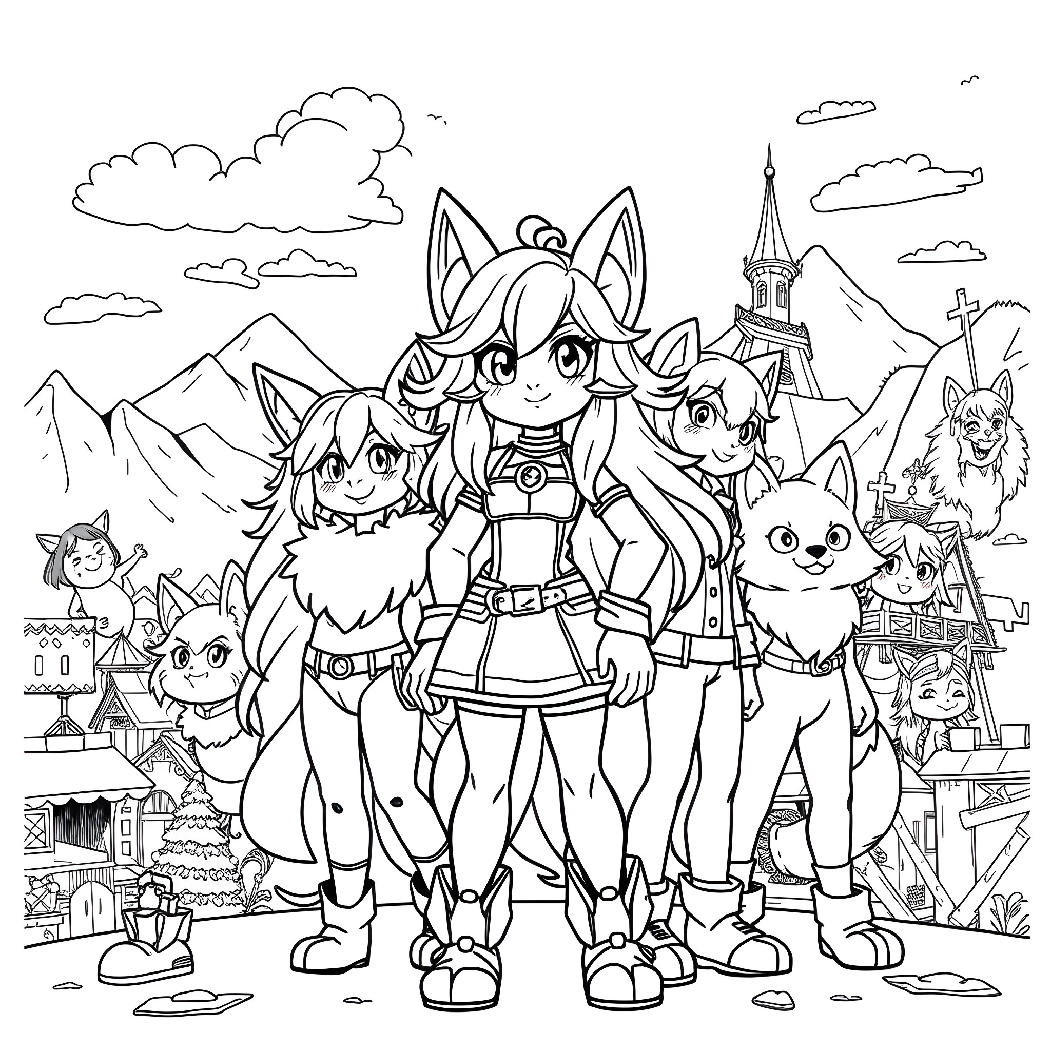 Aphmau and her friends in an adventurous scene Coloring Page (free black-and-white line drawing printable PDF for all, from beginners to advanced learners, including children, teens, adults, and seniors)