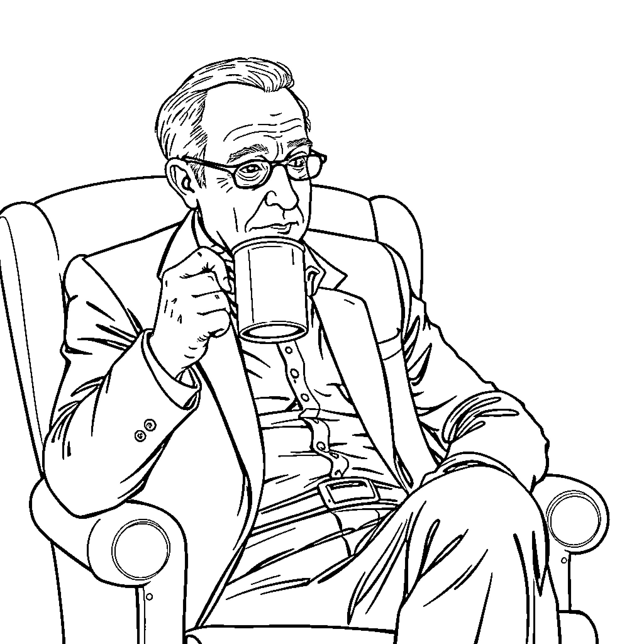 James Lipton contemplating over a beverage Coloring Page (free black-and-white line drawing printable PDF for all, from beginners to advanced learners, including children, teens, adults, and seniors)