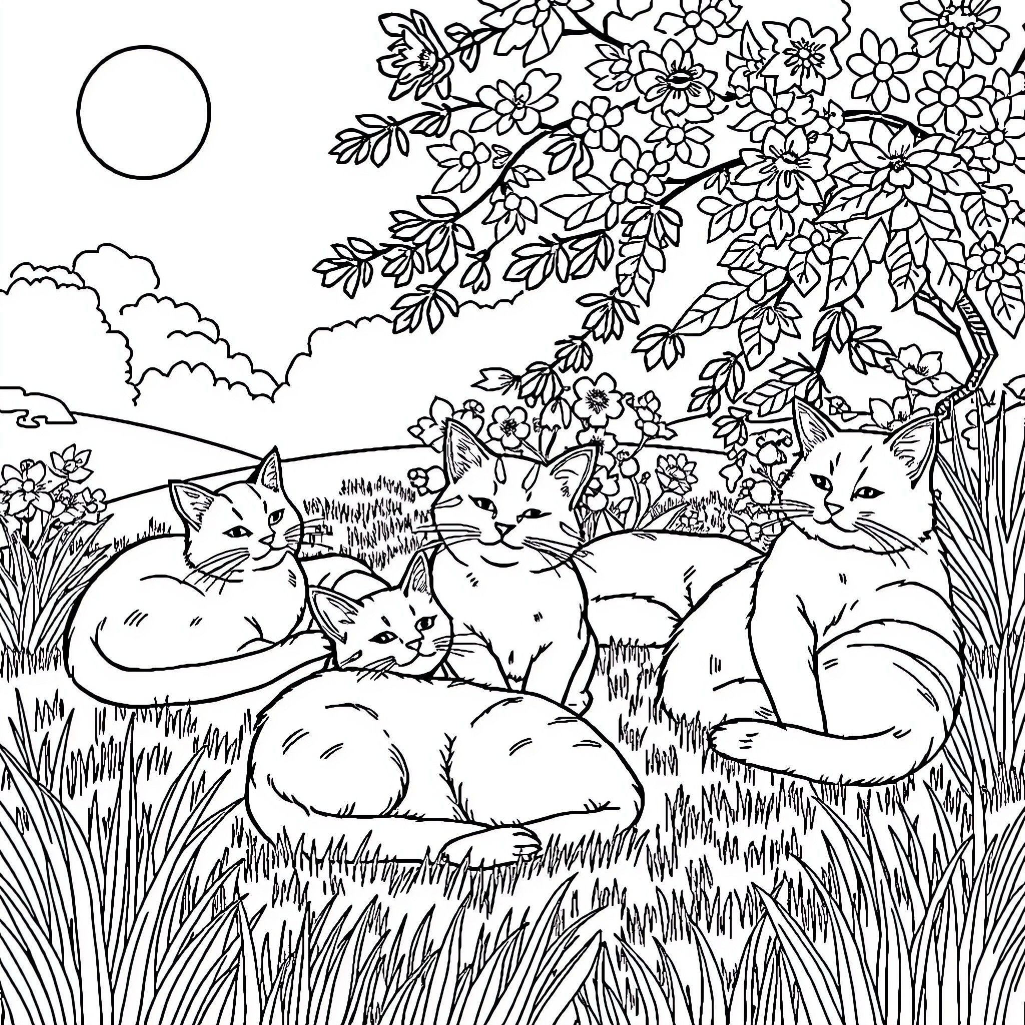 Cat friends relaxing in a flowery meadow Coloring Page (free black-and-white line drawing printable PDF for all, from beginners to advanced learners, including children, teens, adults, and seniors)