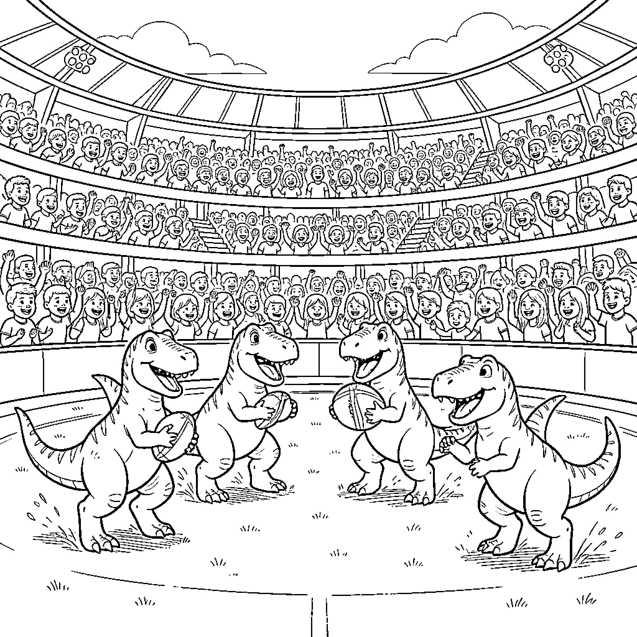 Dinosaur performers entertaining the audience at the arena Coloring Page (free black-and-white line drawing printable PDF for all, from beginners to advanced learners, including children, teens, adults, and seniors)
