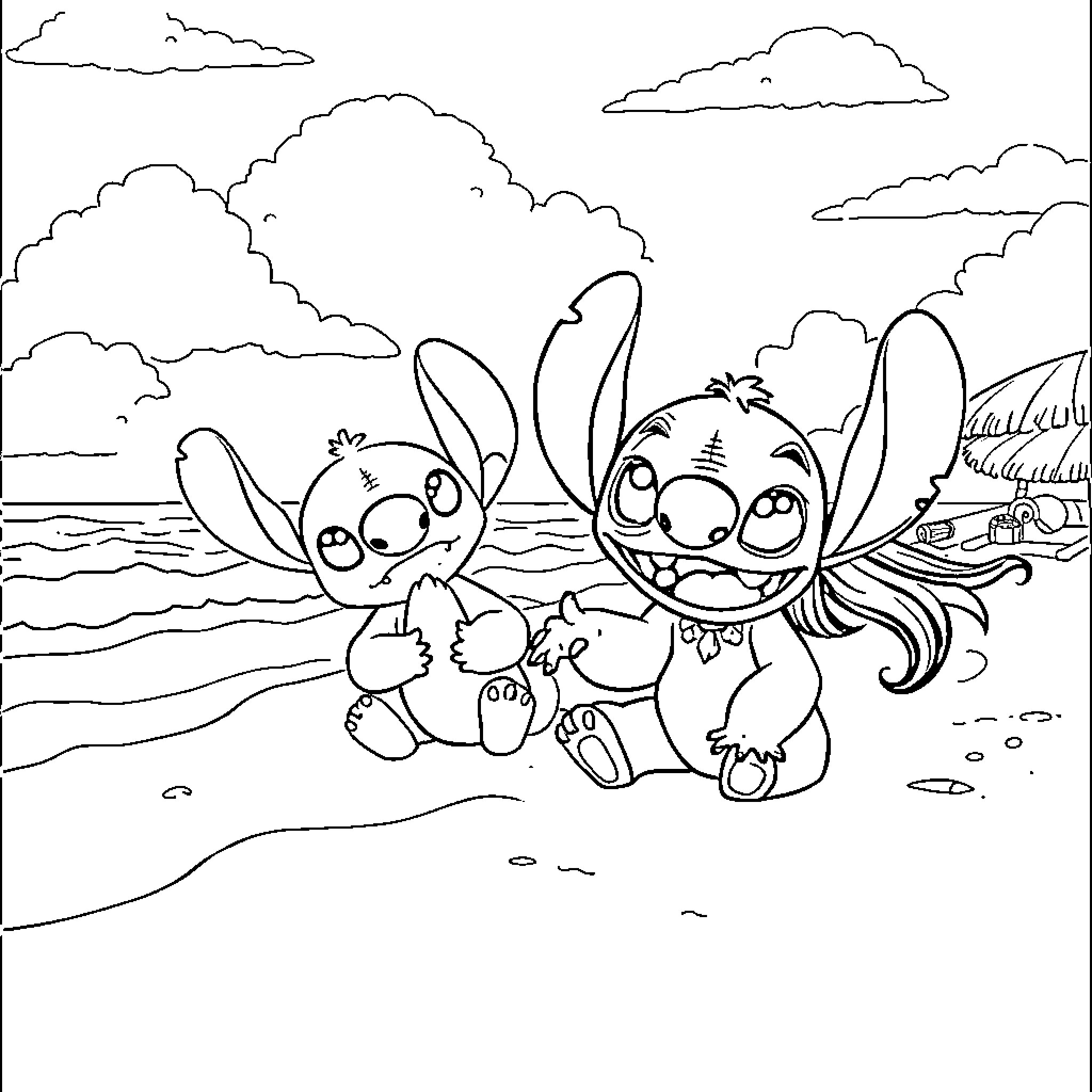 Lilo And Stitch Playing Happily on the Beach Coloring Page (free black-and-white line drawing printable PDF for all, from beginners to advanced learners, including children, teens, adults, and seniors)