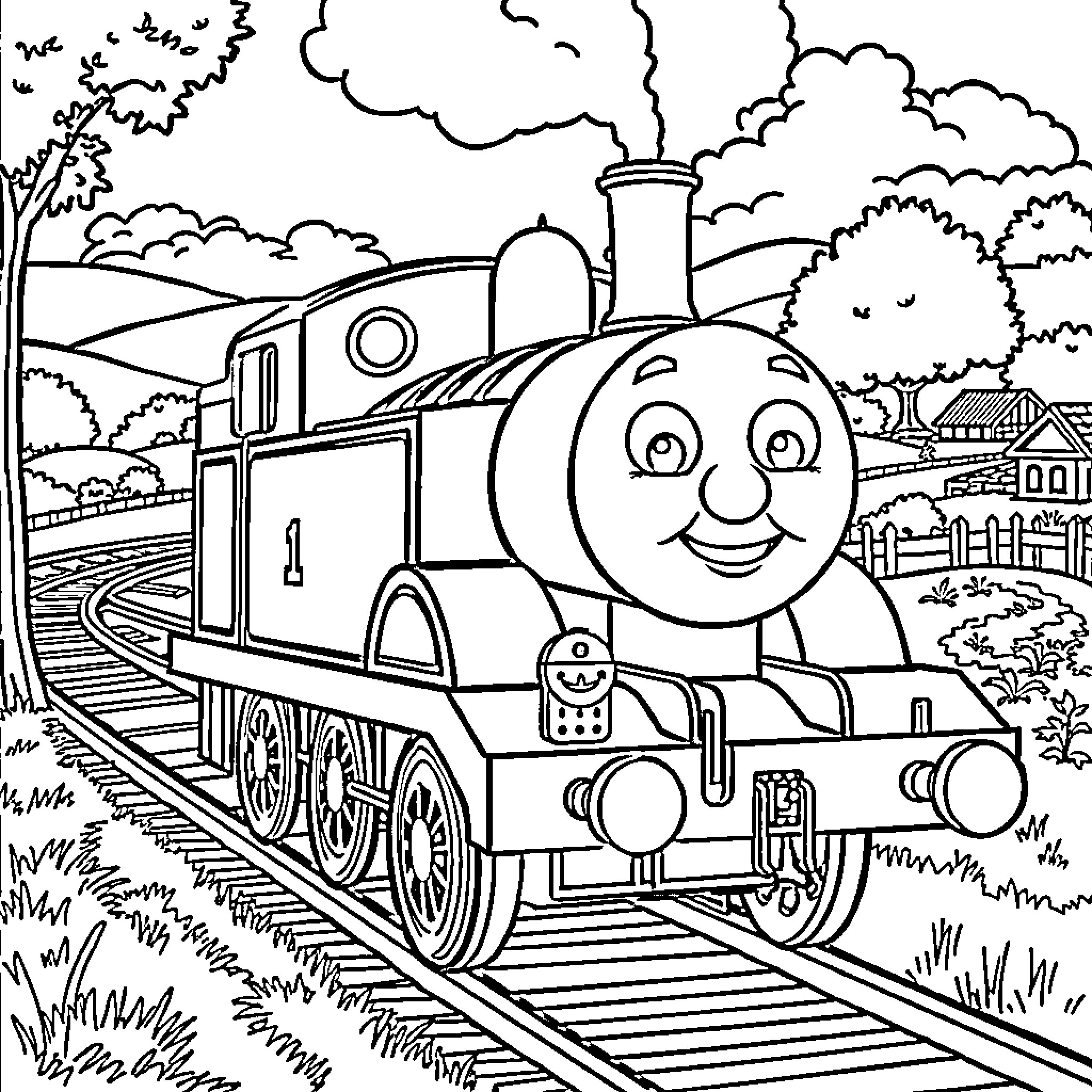 Thomas the Train Engine in the Countryside Coloring Page (free black-and-white line drawing printable PDF for all, from beginners to advanced learners, including children, teens, adults, and seniors)