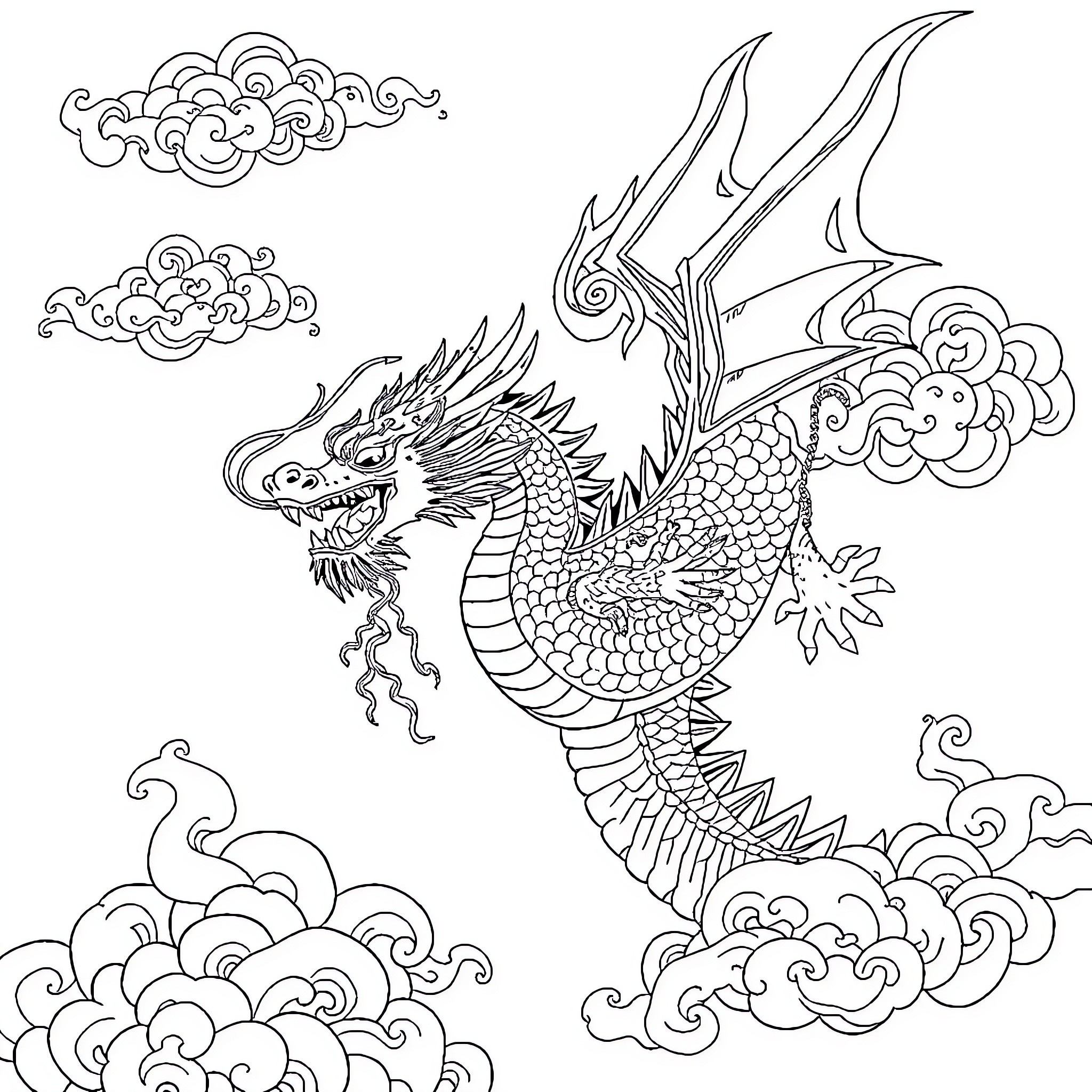 Dragon Soaring Among Whimsical Clouds Coloring Page (free black-and-white line drawing printable PDF for all, from beginners to advanced learners, including children, teens, adults, and seniors)