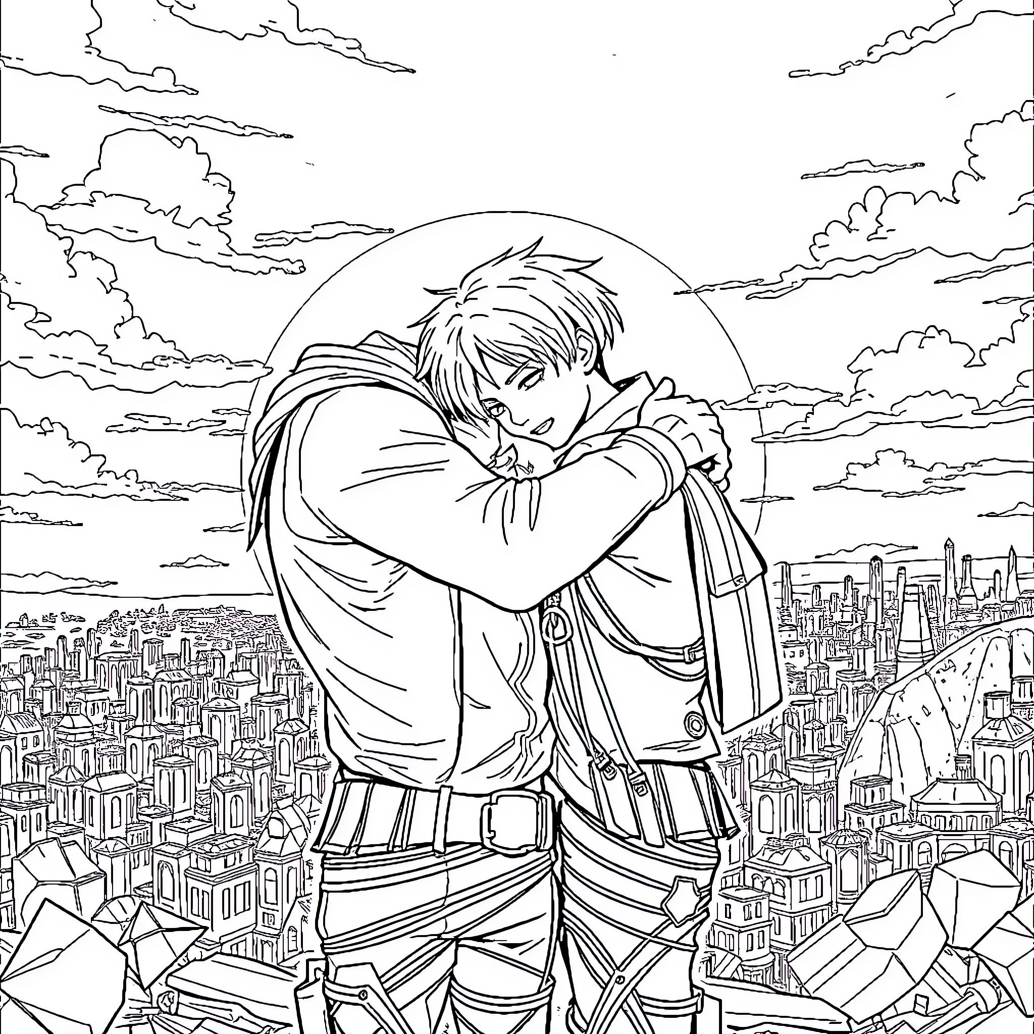 Eren's Contemplative Stance Over the City Coloring Page (free black-and-white line drawing printable PDF for all, from beginners to advanced learners, including children, teens, adults, and seniors)