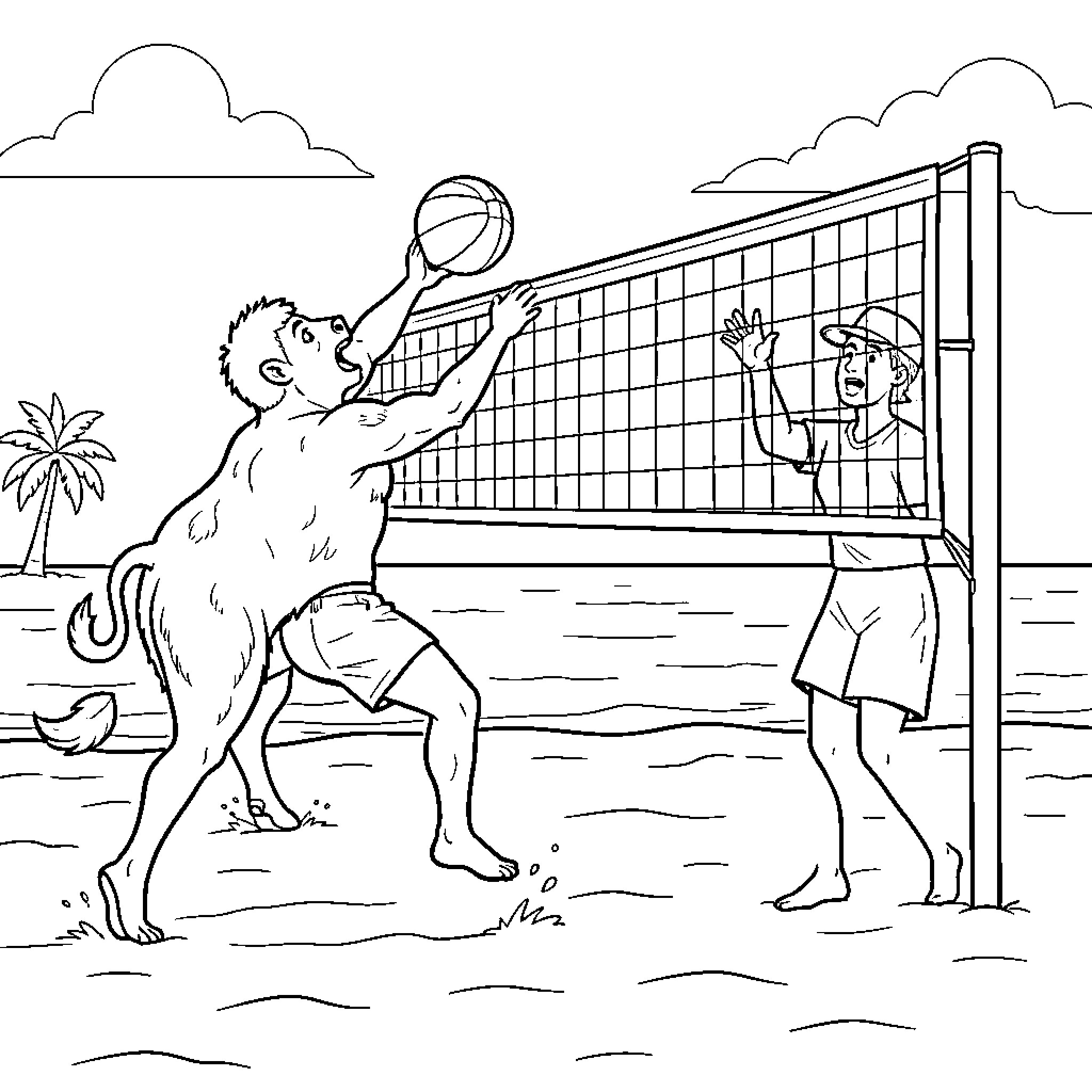Buffalo playing volleyball on a sunny beach Coloring Page (free black-and-white line drawing printable PDF for all, from beginners to advanced learners, including children, teens, adults, and seniors)