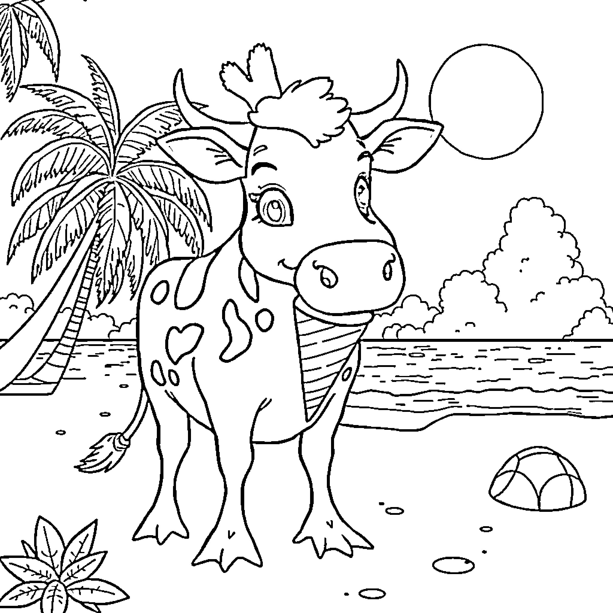 Cow enjoying tropical beach scene Coloring Page (free black-and-white line drawing printable PDF for all, from beginners to advanced learners, including children, teens, adults, and seniors)