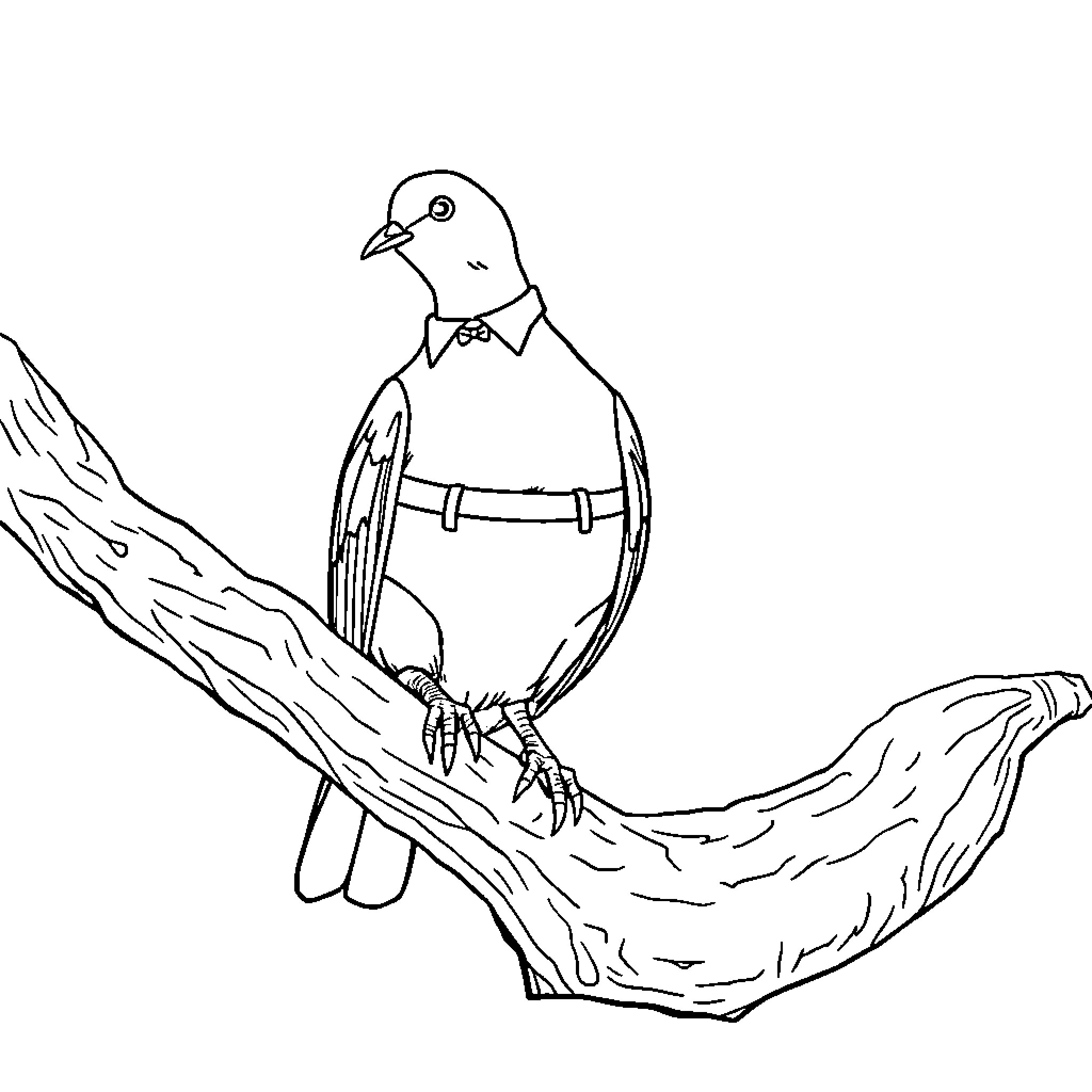 Dove in Formal Attire Perched on Branch Coloring Page (free black-and-white line drawing printable PDF for all, from beginners to advanced learners, including children, teens, adults, and seniors)