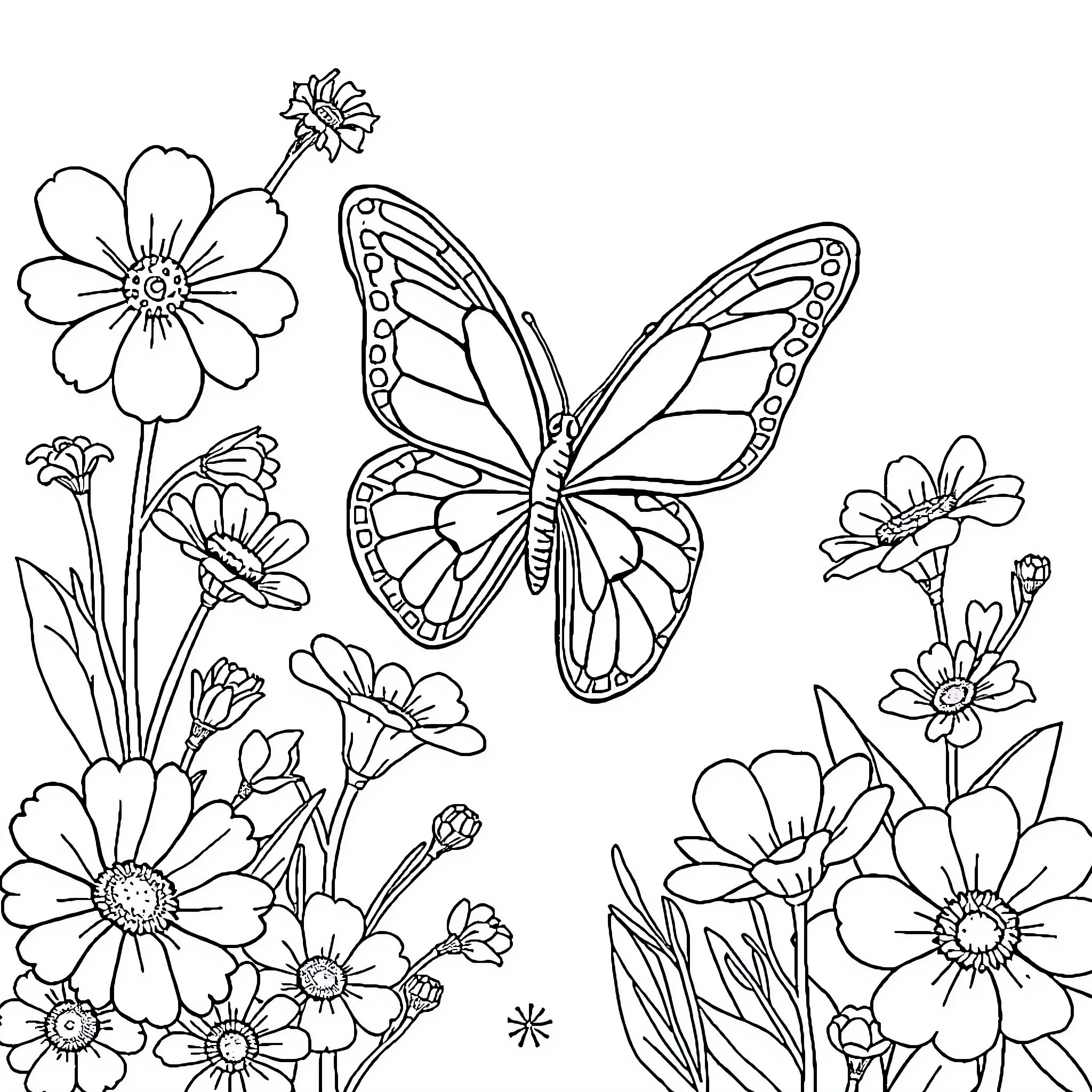 Butterfly dancing among the flowers Coloring Page (free black-and-white line drawing printable PDF for all, from beginners to advanced learners, including children, teens, adults, and seniors)