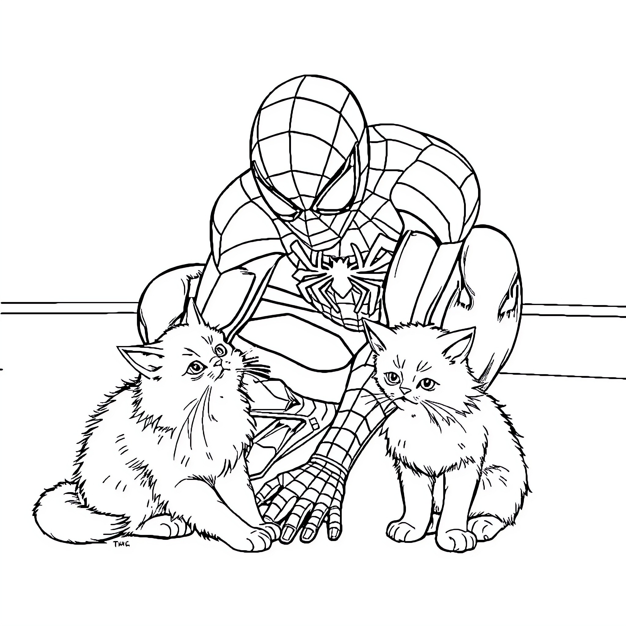 Spiderman poses with playful kittens Coloring Page (free black-and-white line drawing printable PDF for all, from beginners to advanced learners, including children, teens, adults, and seniors)