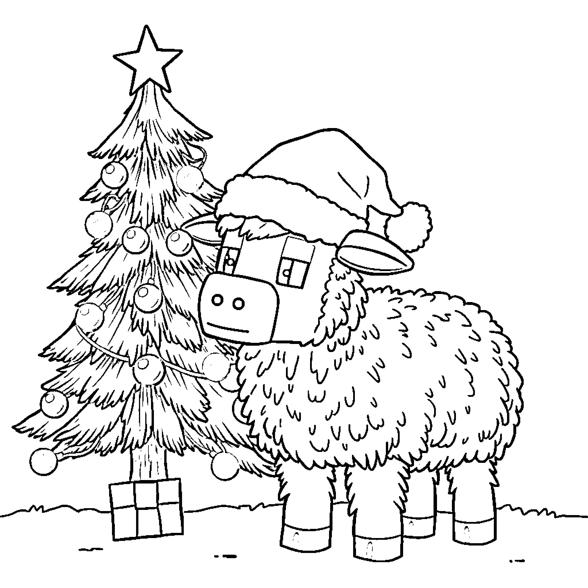 Sheep playing by Christmas tree Coloring Page (free black-and-white line drawing printable PDF for all, from beginners to advanced learners, including children, teens, adults, and seniors)
