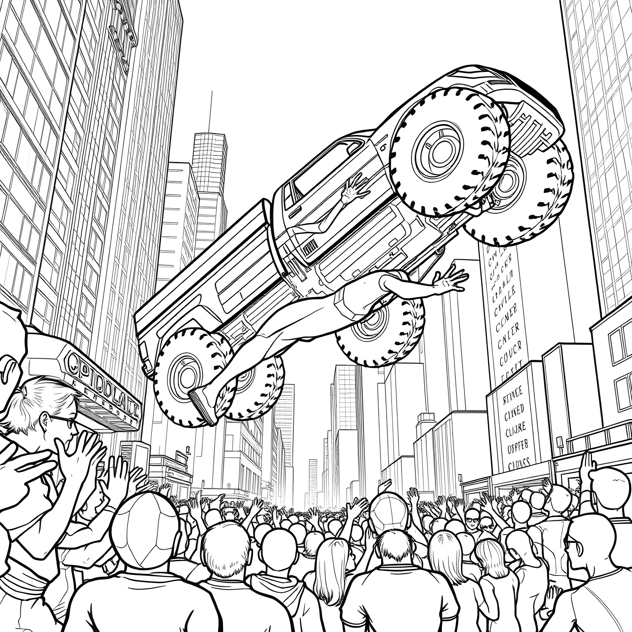 Spider-Man rescuing civilians from mechanical menace in the city Coloring Page (free black-and-white line drawing printable PDF for all, from beginners to advanced learners, including children, teens, adults, and seniors)
