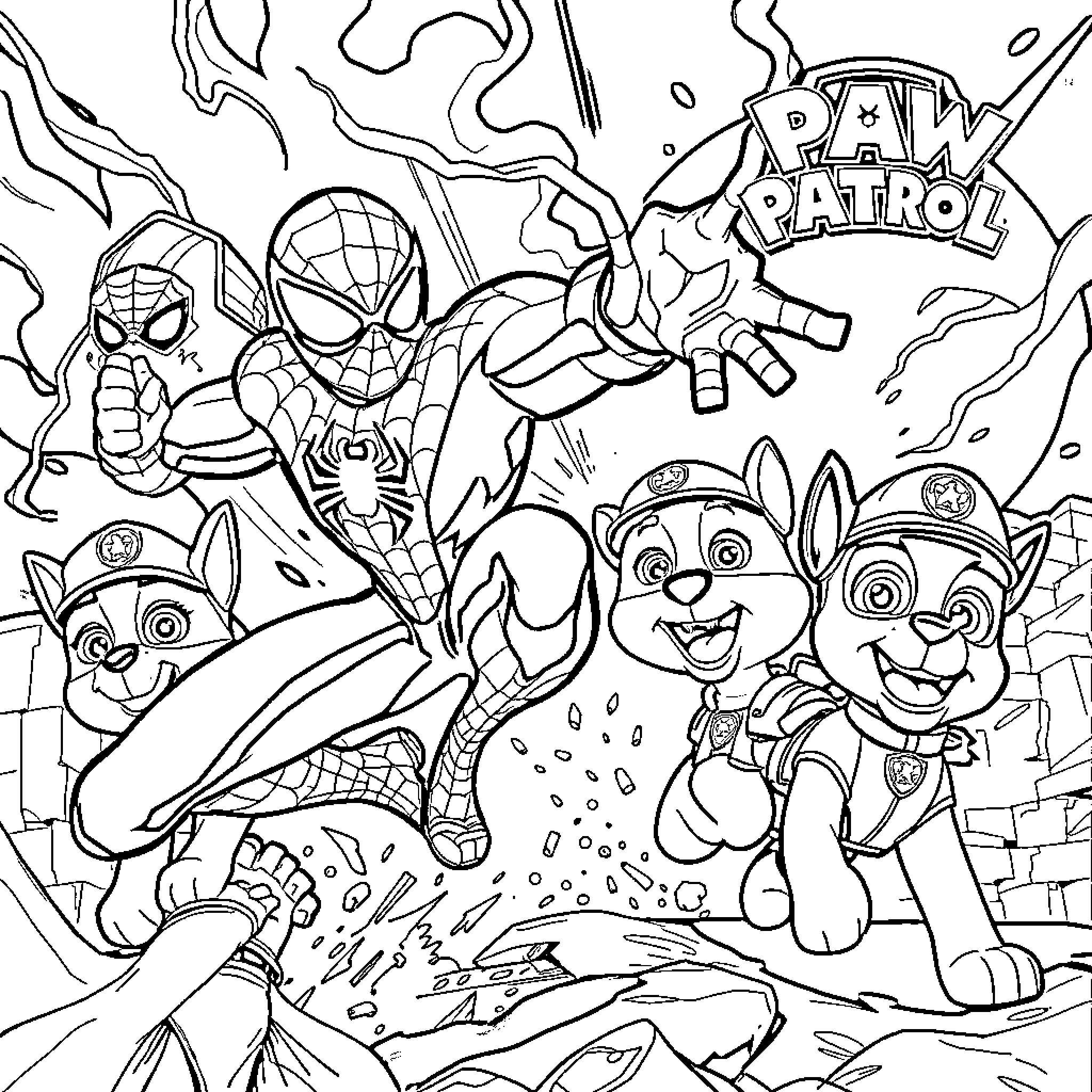 Spider-Man and Paw Patrol Heroes in Action Adventure Coloring Page (free black-and-white line drawing printable PDF for all, from beginners to advanced learners, including children, teens, adults, and seniors)