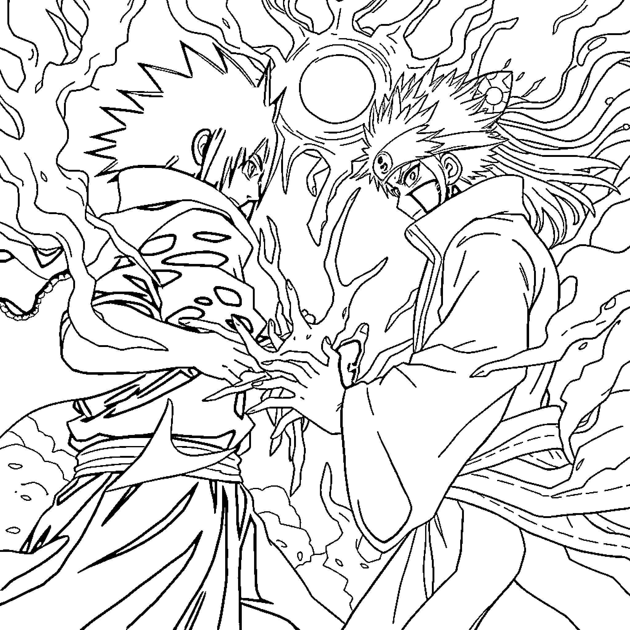 Madara unleashing powerful jutsu in intense battle Coloring Page (free black-and-white line drawing printable PDF for all, from beginners to advanced learners, including children, teens, adults, and seniors)