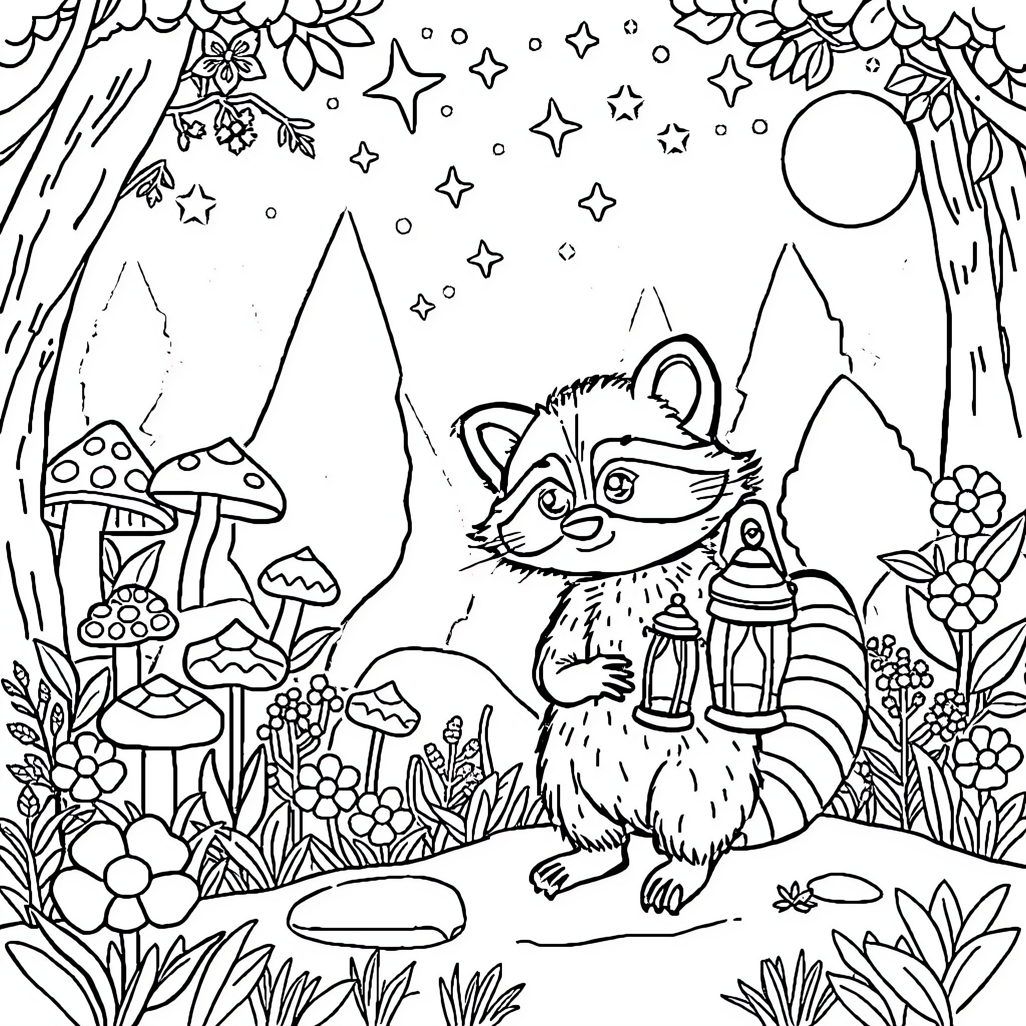 Raccoon exploring the enchanted forest at night Coloring Page (free black-and-white line drawing printable PDF for all, from beginners to advanced learners, including children, teens, adults, and seniors)