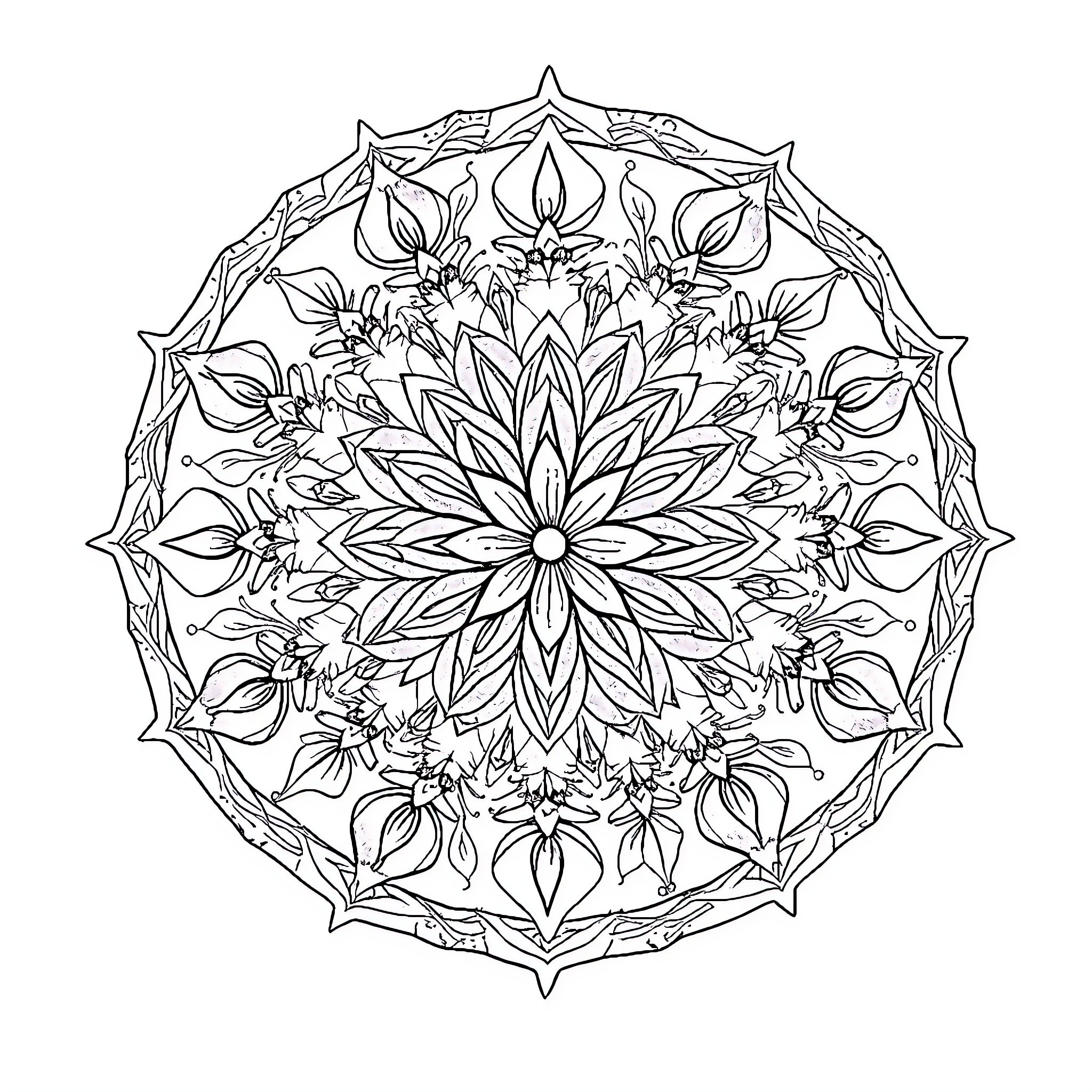 Mandala of intricate floral patterns Coloring Page (free black-and-white line drawing printable PDF for all, from beginners to advanced learners, including children, teens, adults, and seniors)