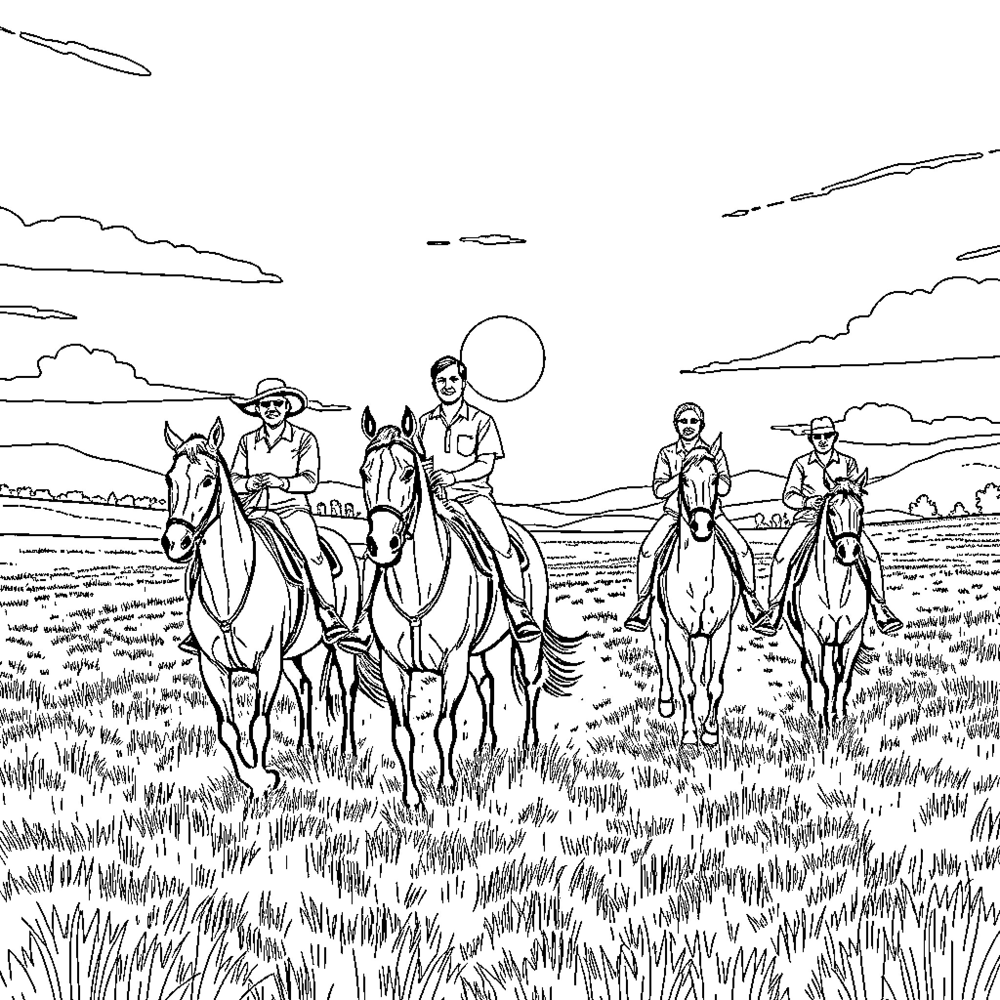 Twenty One Pilots Riding Horses Across the Plains Coloring Page (free black-and-white line drawing printable PDF for all, from beginners to advanced learners, including children, teens, adults, and seniors)