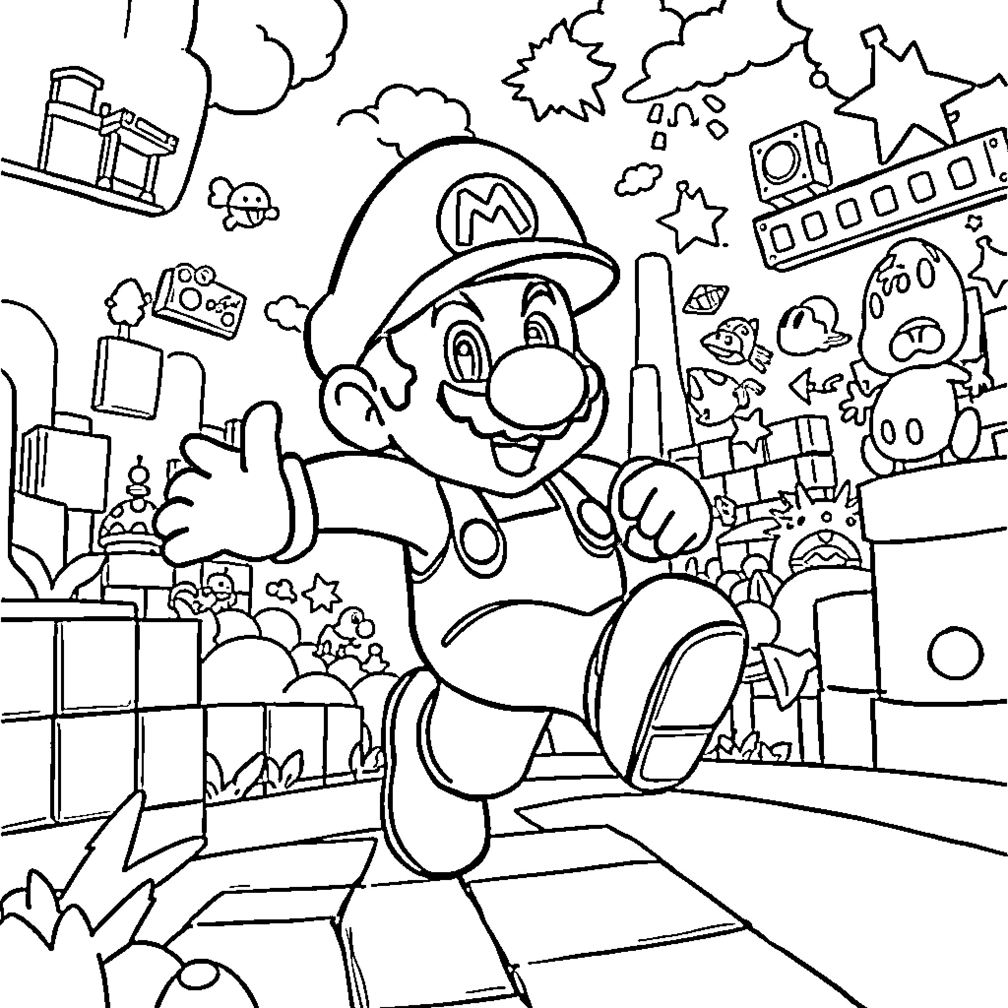 Mario's Adventurous Journey through a Whimsical Landscape Coloring Page (free black-and-white line drawing printable PDF for all, from beginners to advanced learners, including children, teens, adults, and seniors)