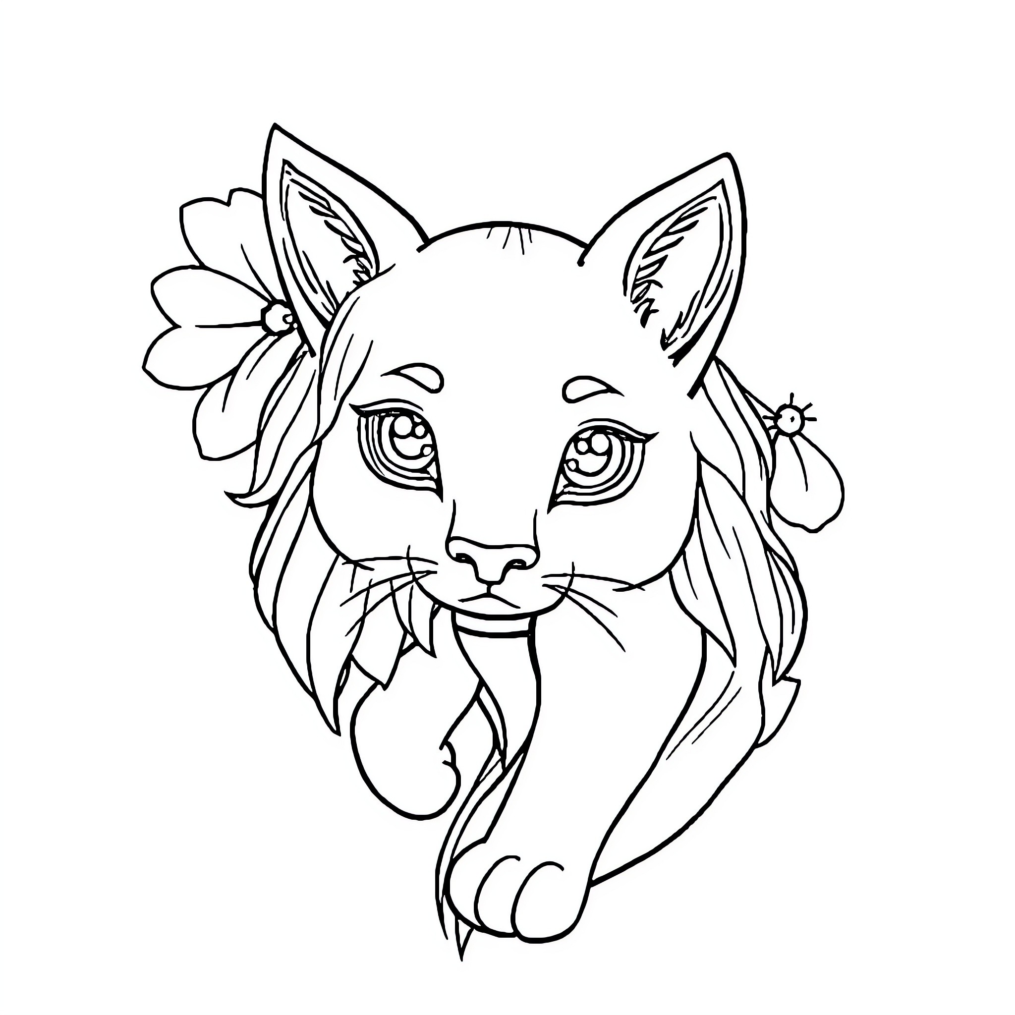 Easy Artistic Cat with Floral Accents Coloring Page (free black-and-white line drawing printable PDF for all, from beginners to advanced learners, including children, teens, adults, and seniors)
