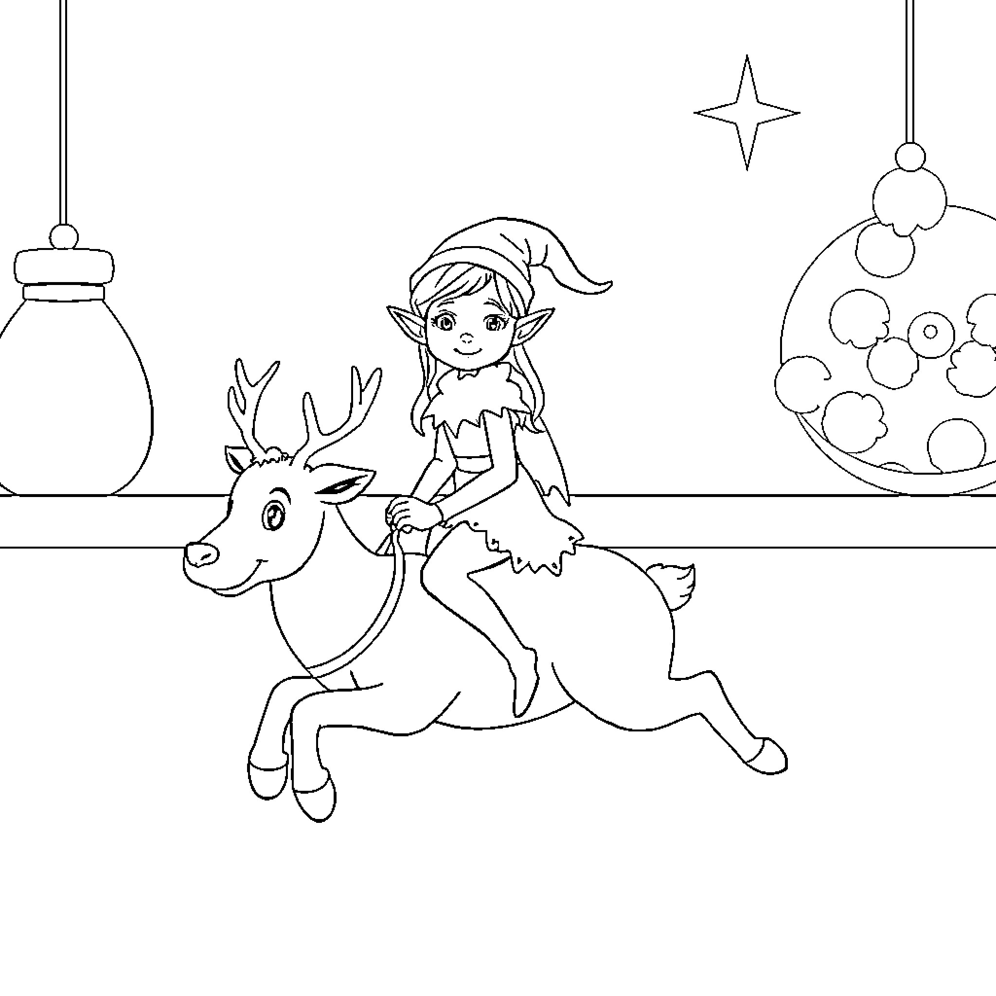 Elf riding a magical reindeer in a festive scene Coloring Page (free black-and-white line drawing printable PDF for all, from beginners to advanced learners, including children, teens, adults, and seniors)