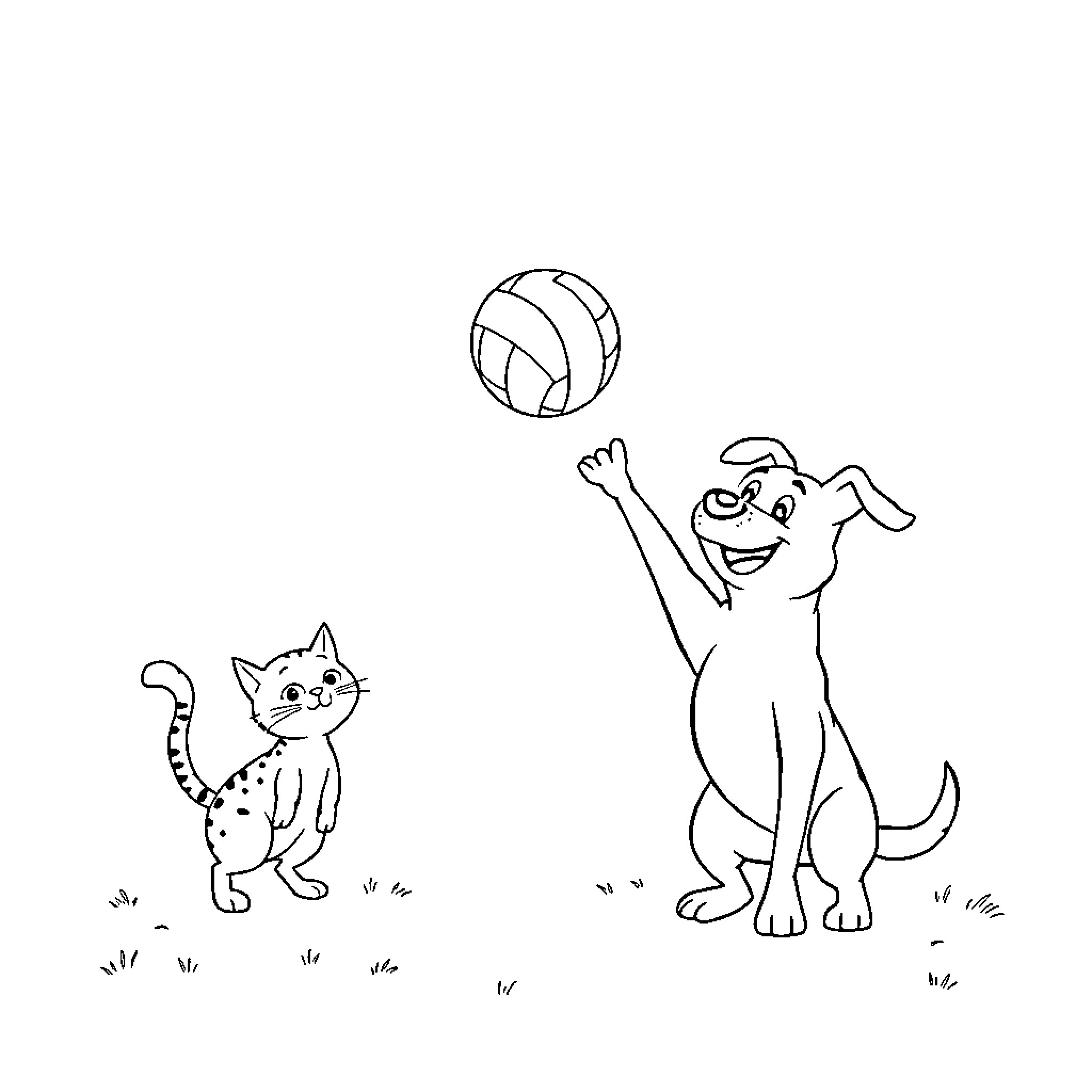 Dog playing with ball and cat observing Coloring Page (free black-and-white line drawing printable PDF for all, from beginners to advanced learners, including children, teens, adults, and seniors)