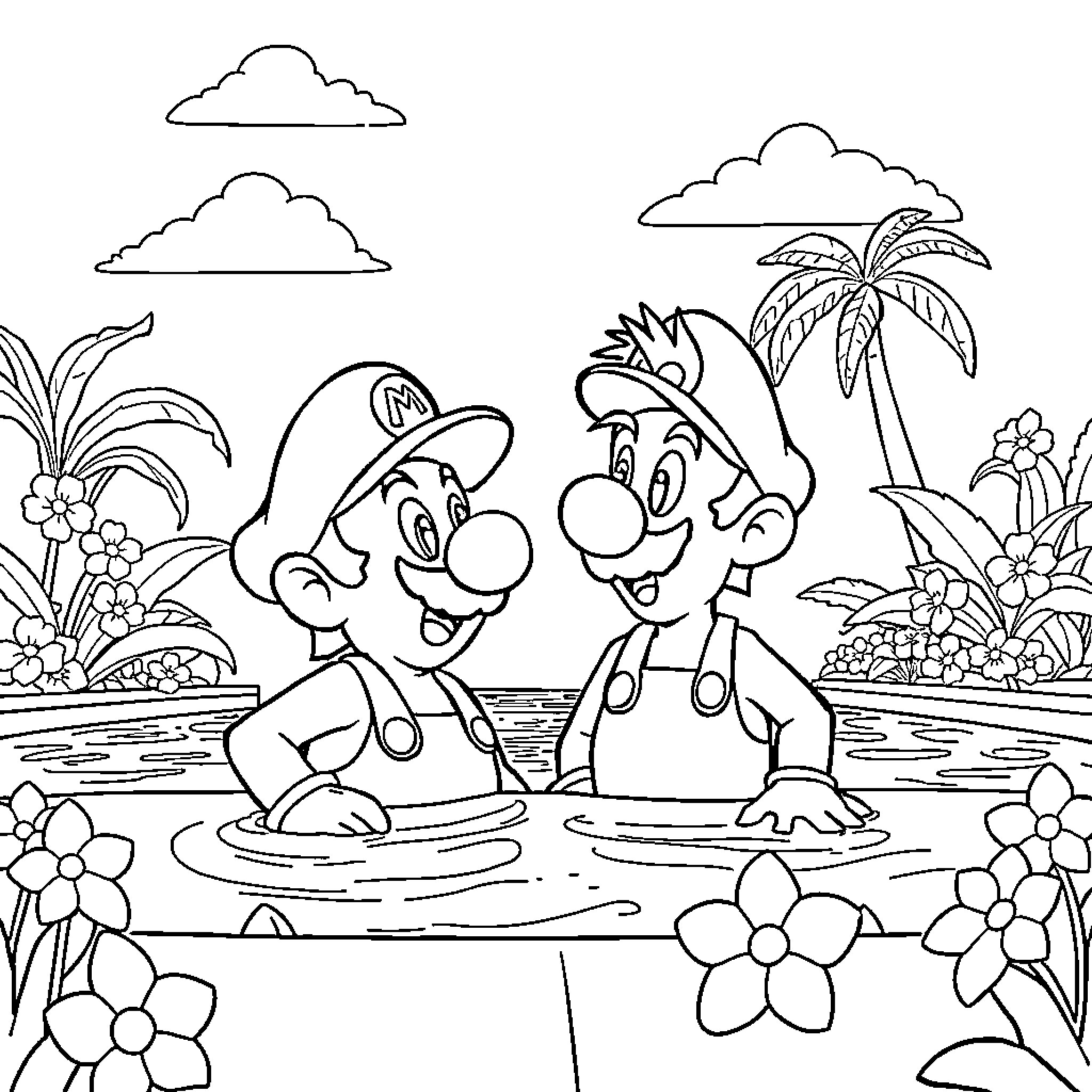 Mario and Luigi relaxing in a tropical paradise Coloring Page (free black-and-white line drawing printable PDF for all, from beginners to advanced learners, including children, teens, adults, and seniors)