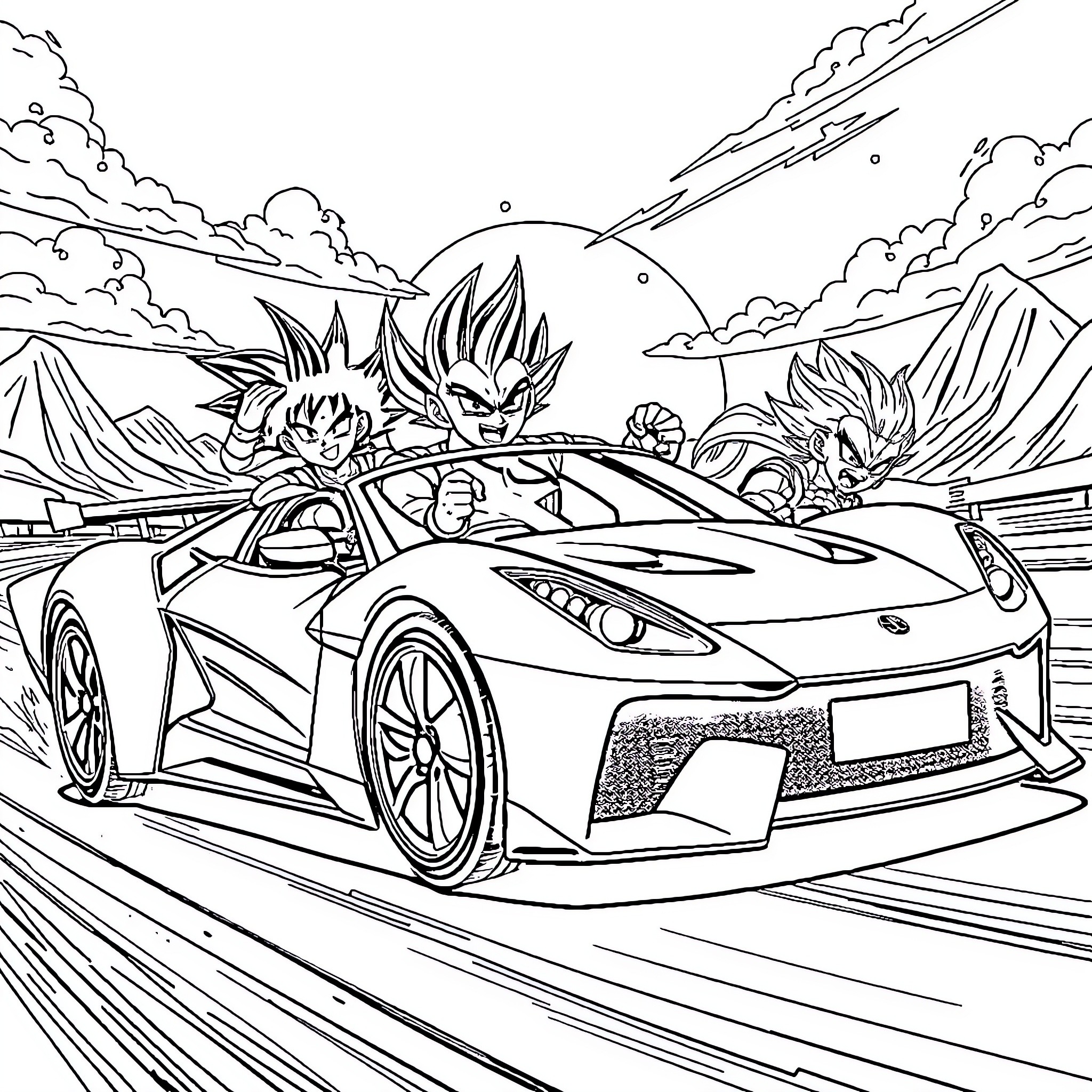 Dragon Ball racing car adventure in mountainous landscape Coloring Page (free black-and-white line drawing printable PDF for all, from beginners to advanced learners, including children, teens, adults, and seniors)