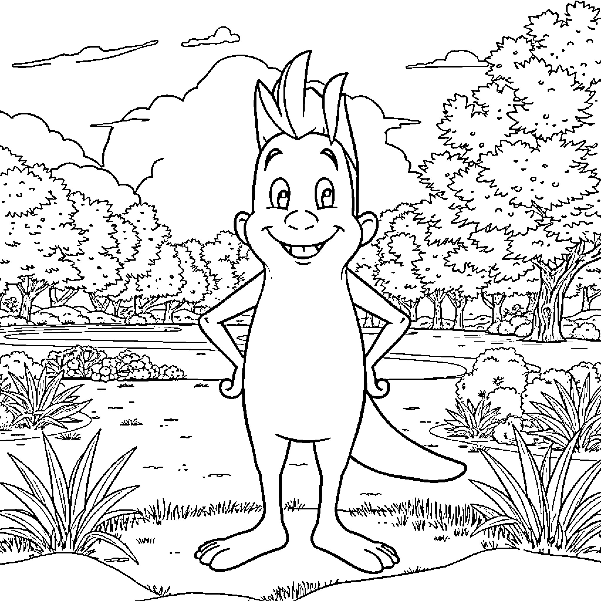 Sebastian explores the whimsical forest landscape Coloring Page (free black-and-white line drawing printable PDF for all, from beginners to advanced learners, including children, teens, adults, and seniors)