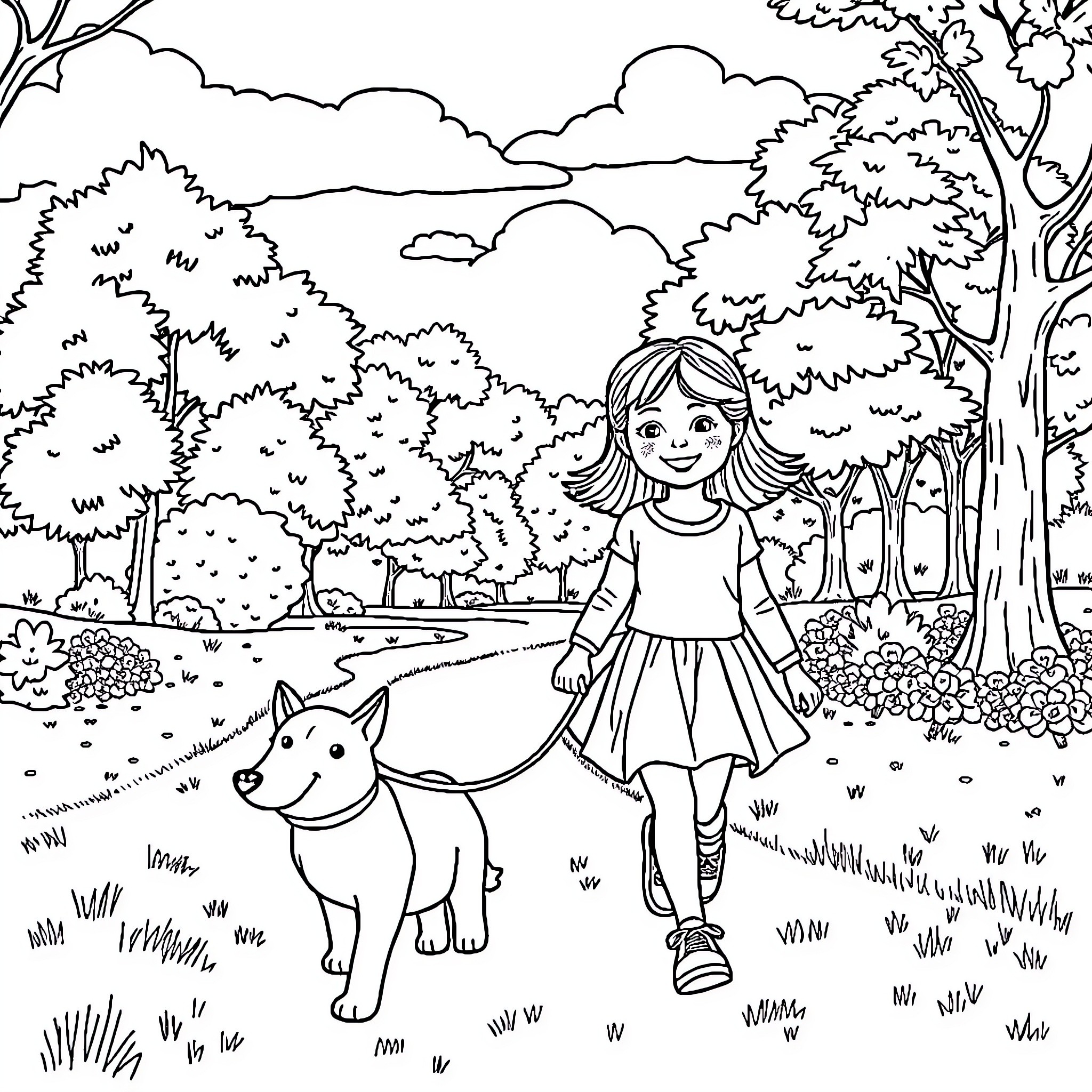 Girl walking her dog in the park Coloring Page (free black-and-white line drawing printable PDF for all, from beginners to advanced learners, including children, teens, adults, and seniors)